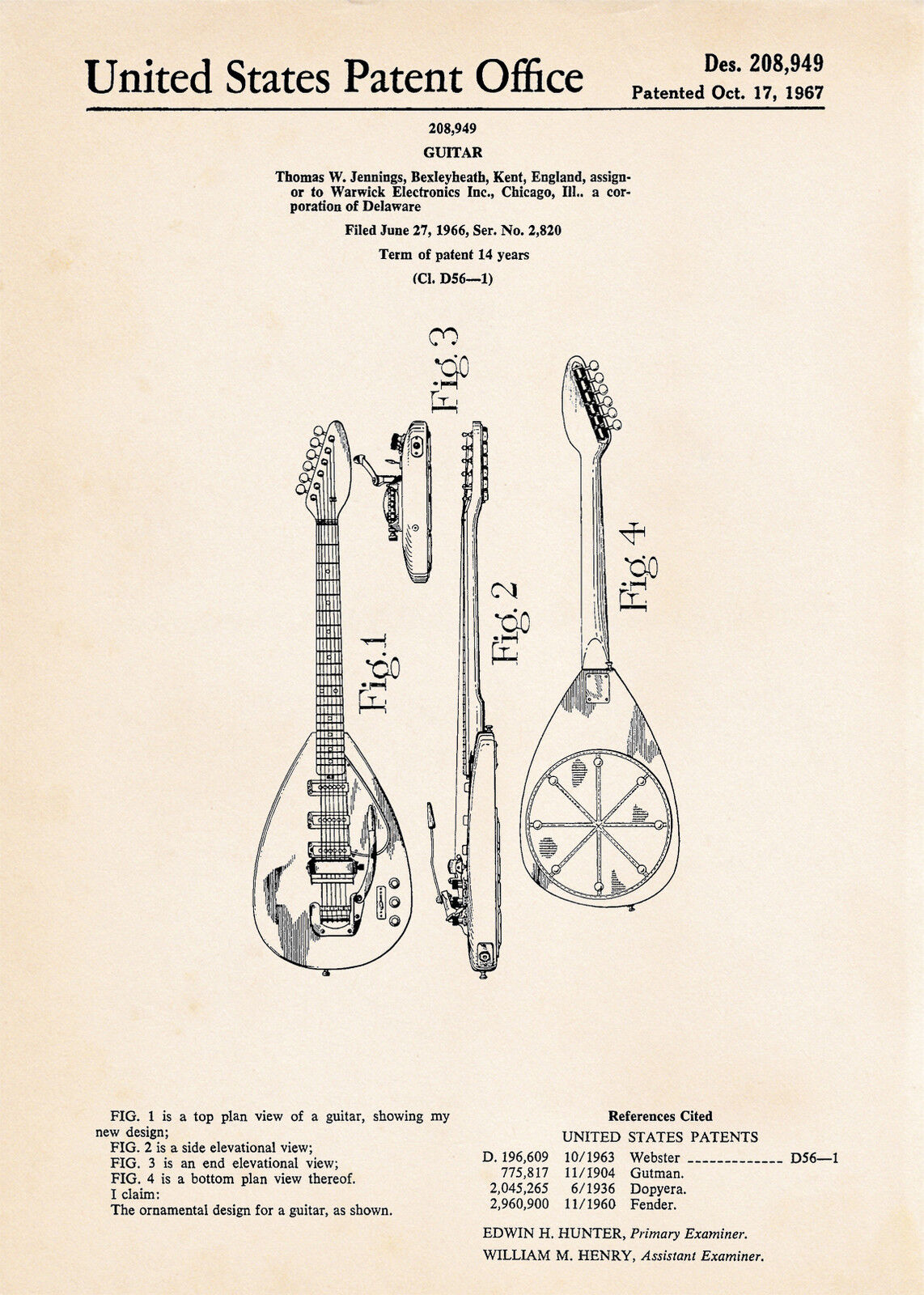 1967 Vox Phantom Teardrop Shaped Guitar Music Gifts MKIII MK 3 Patent Art Print