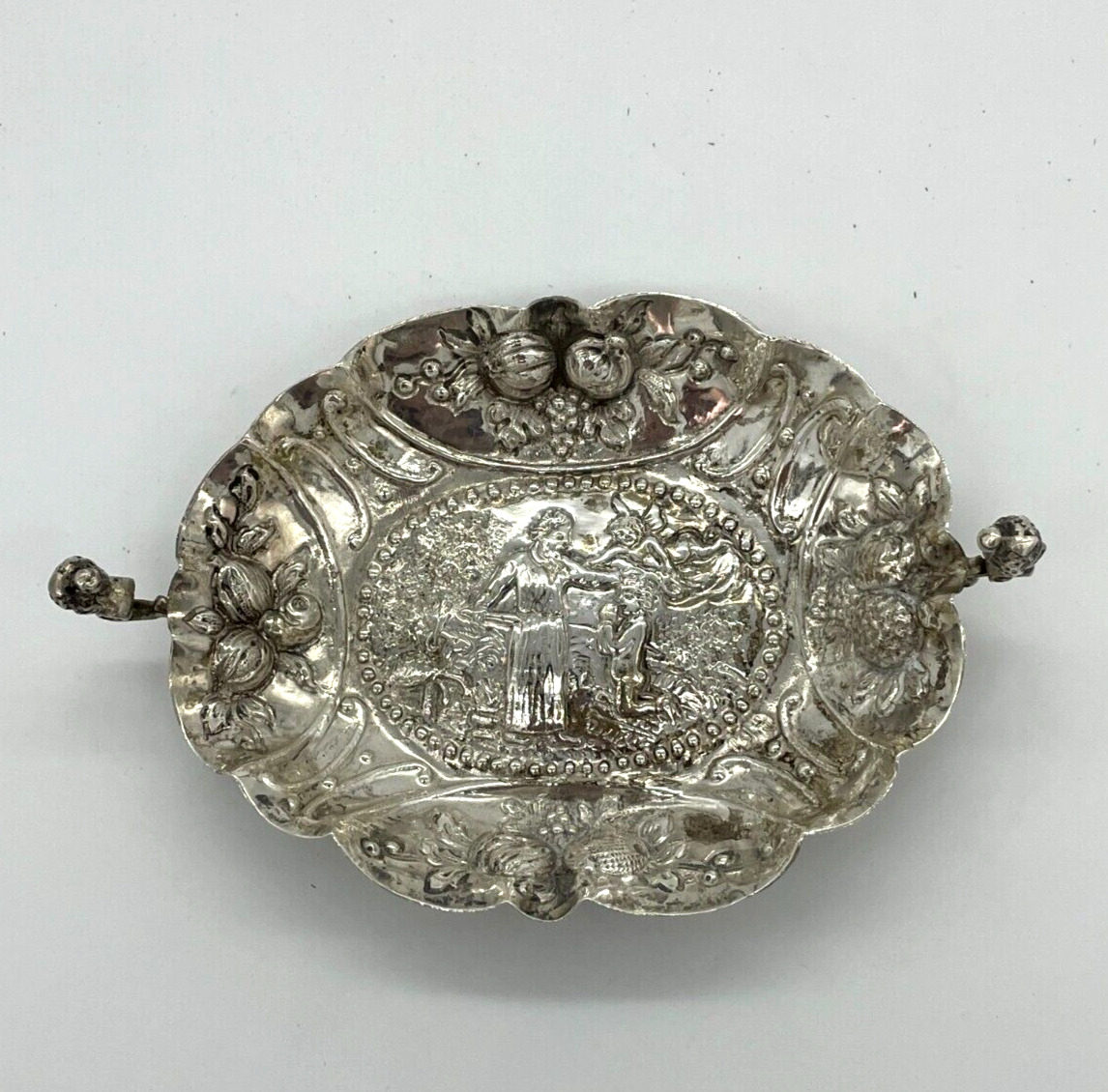 Antique European Silver Twin Handled Dish w Impressed Scene c Late 19th Century