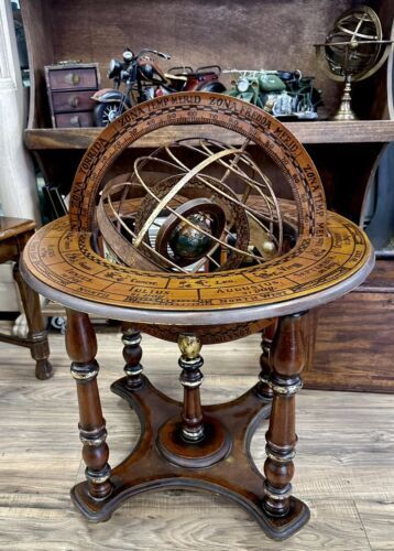 Rare Antique Armillary Sphere Astrological Globe/ Zodiac Globe In Wooden Stand