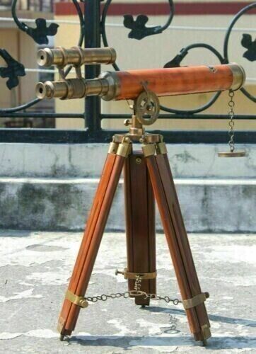Nautical Antique Double Barrel Leather Telescope With Wooden Tripod Stand Décor