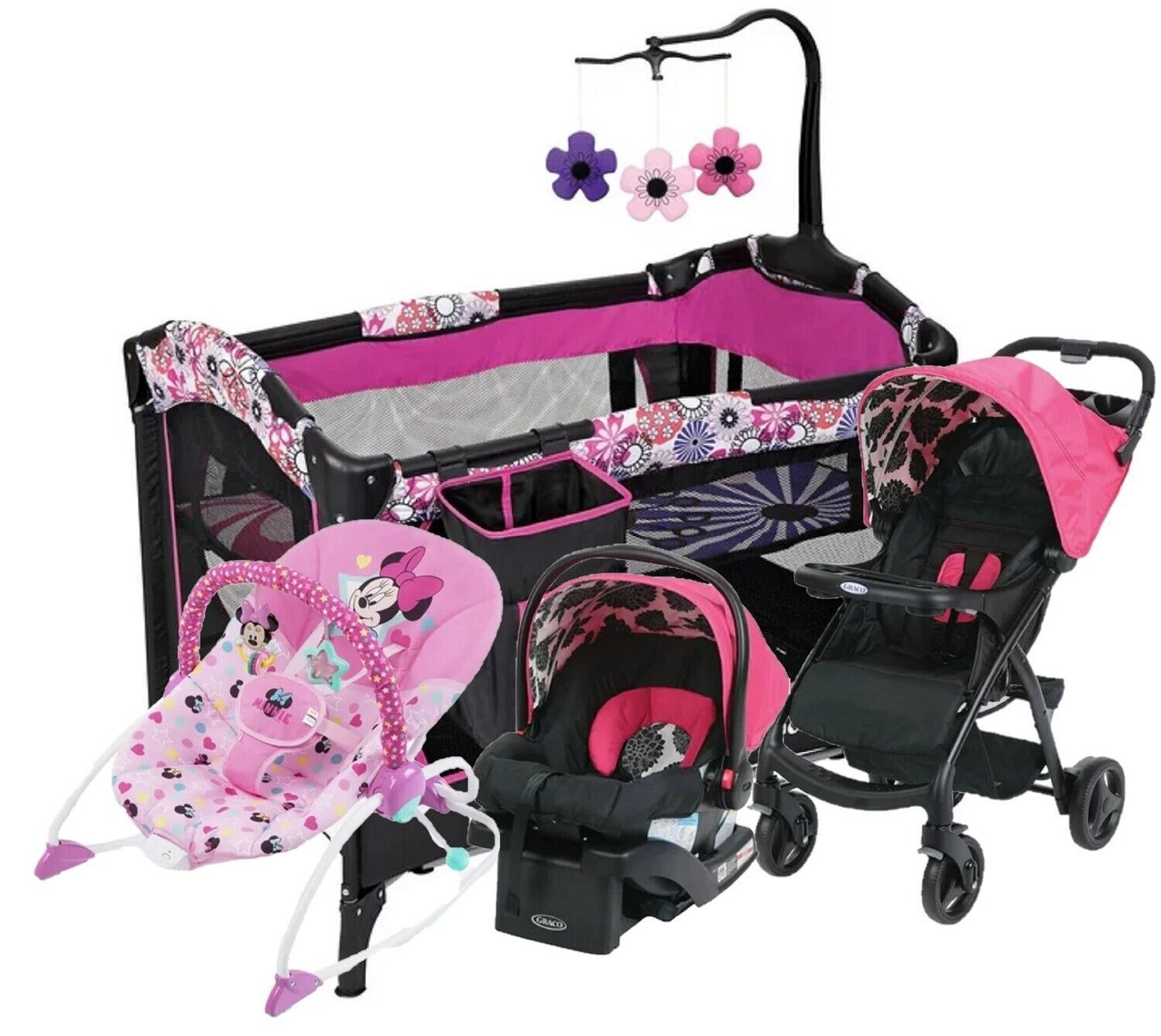 Baby Little Girl Stroller With Car Seat Infant Playard Rocker Pink Travel Combo