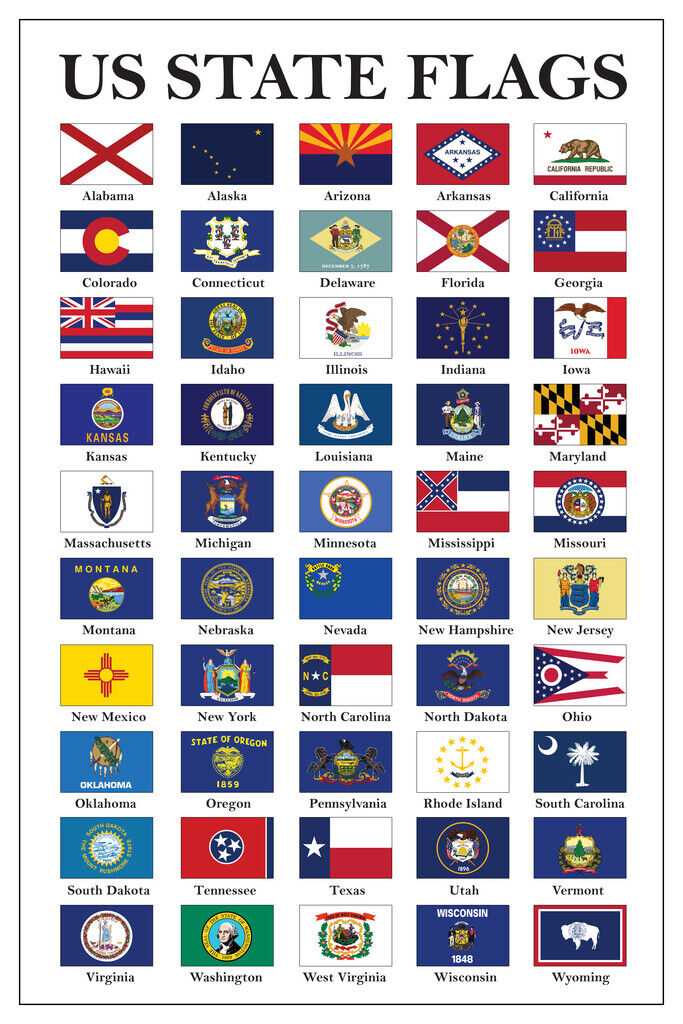 Flags Of US States Classroom Aid Politics History Government Poster 12x18