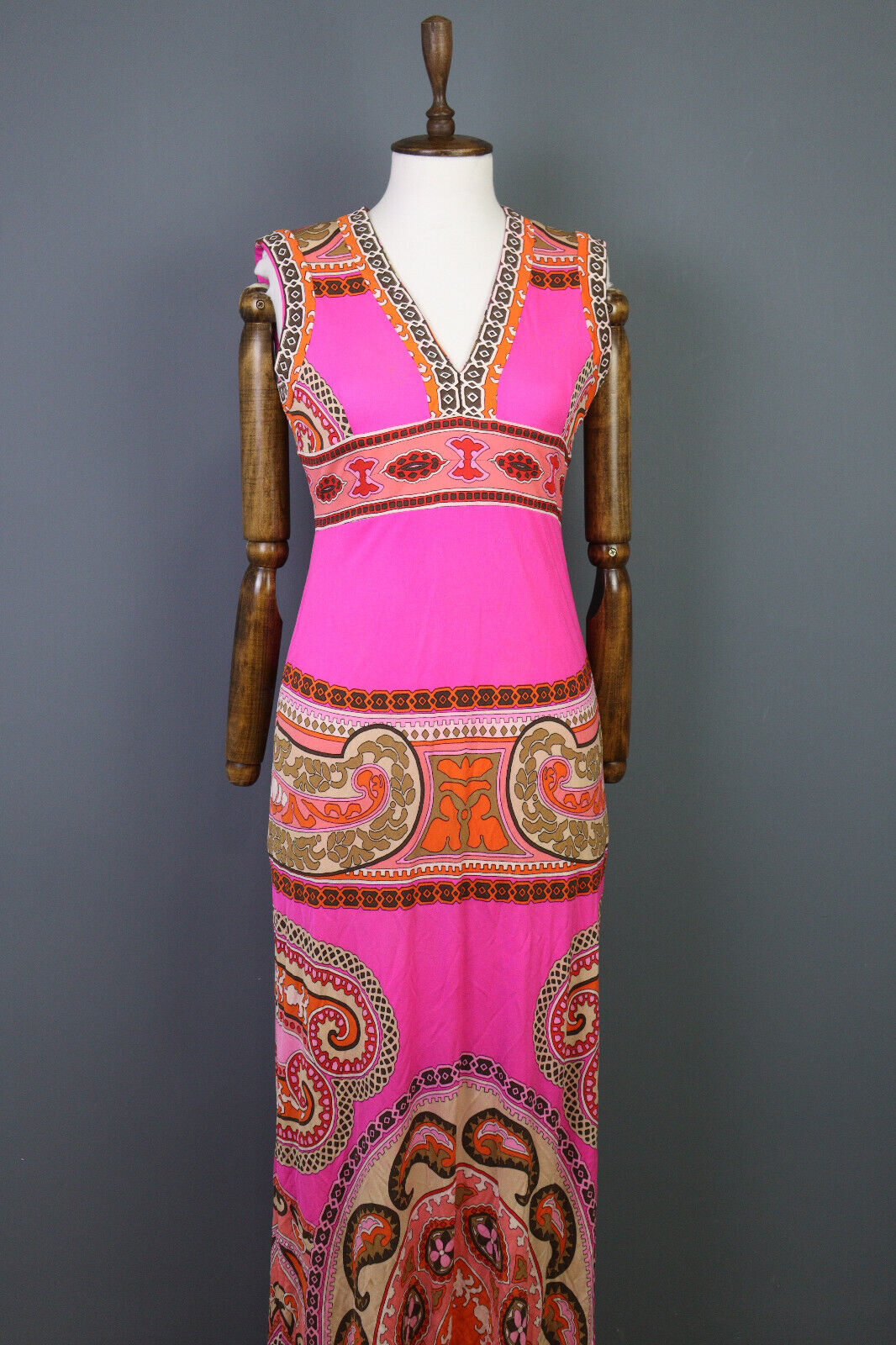 Vintage LEONARD PARIS Abstract Pink Printed Sleeveless Bodycon Long Dress Sz 3