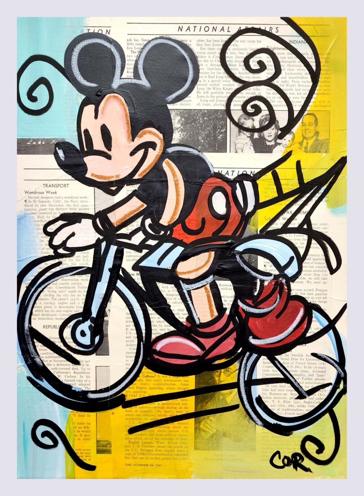 CORBELLIC Impressionism 12X16 Mickey Mouse Bicycle Signed Canvas Collectible Art