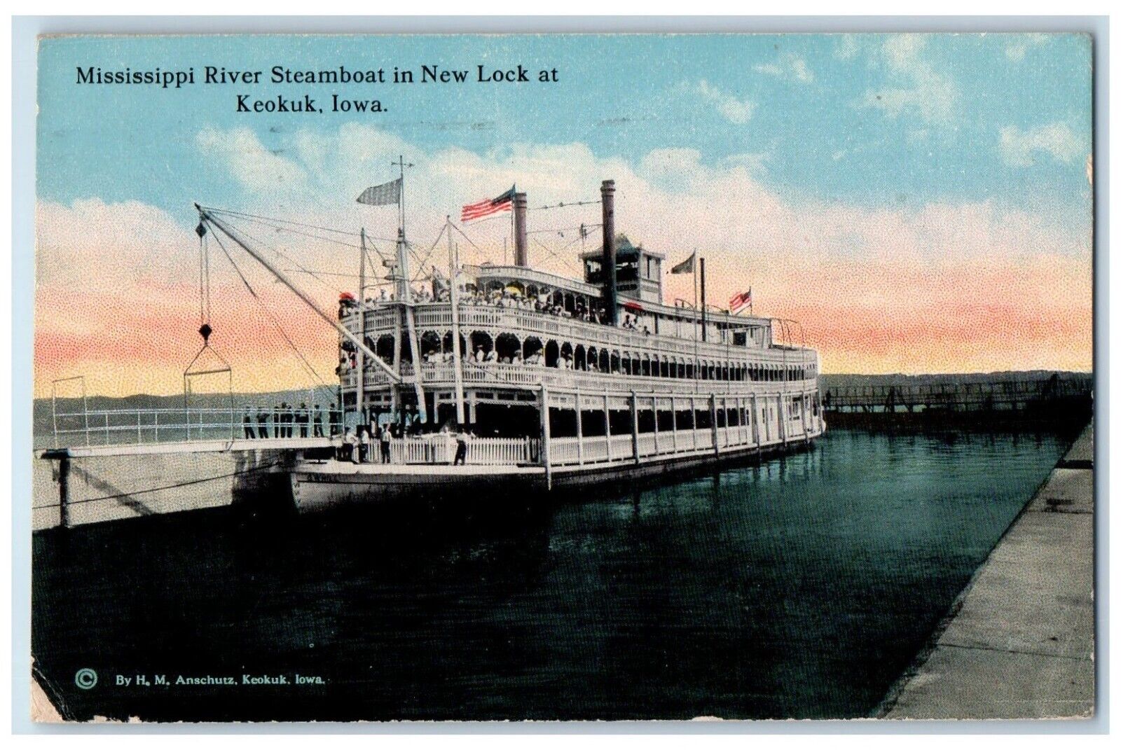 1913 Mississippi River Steamboat In New Lock At Keokuk Iowa IA Antique Postcard