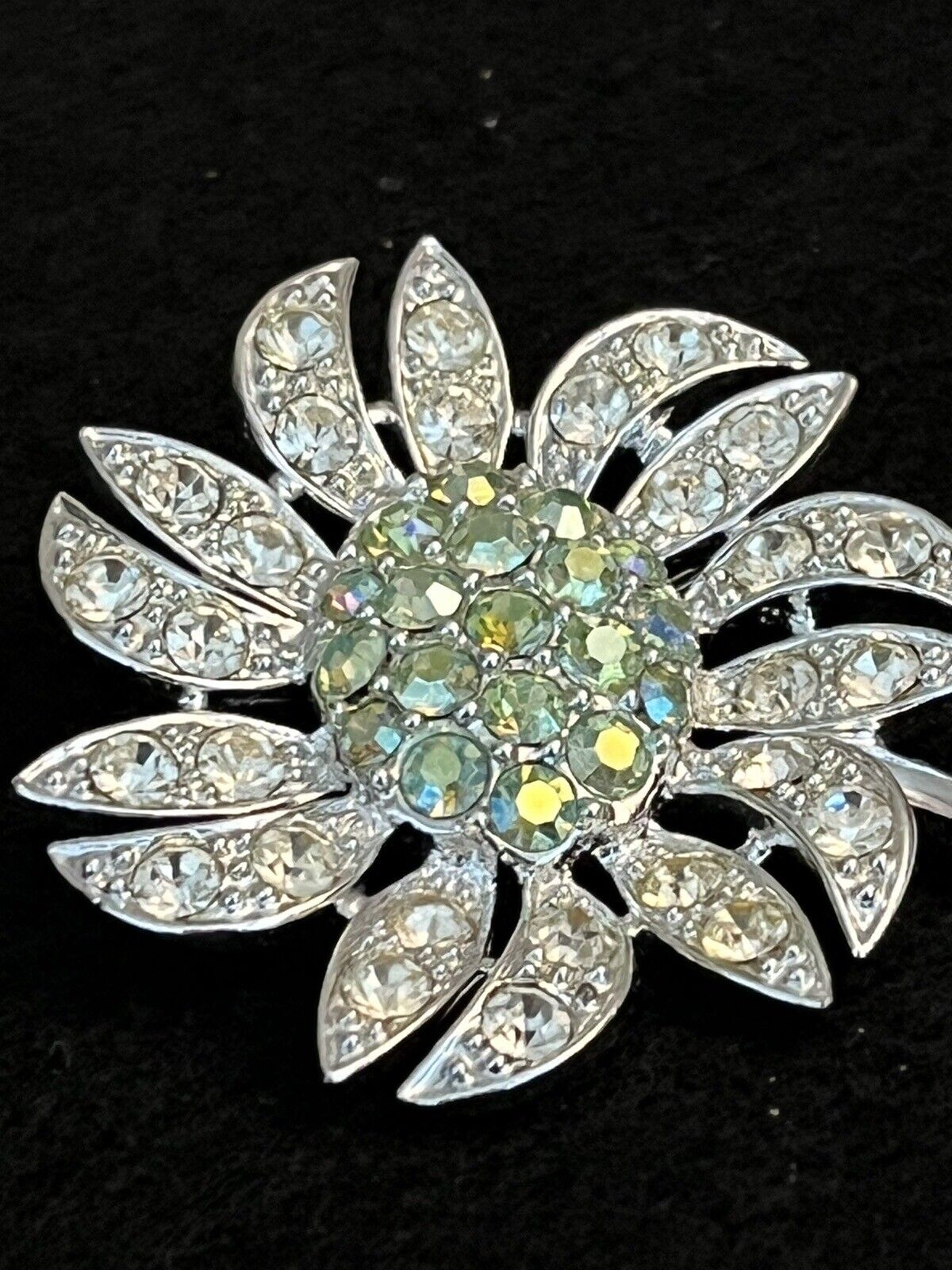 Vintage Sarah Coventry Flower Brooch In Silvertone with AB Stones