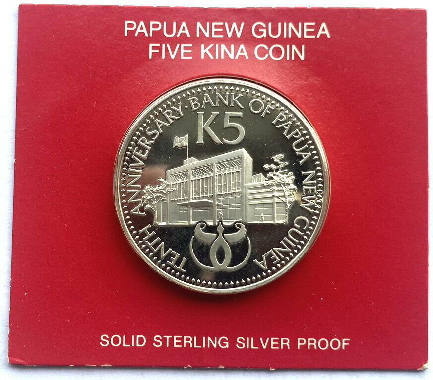 Papua New Guinea 1983 10 Years of Bank 5 Kina Silver Coin,Proof