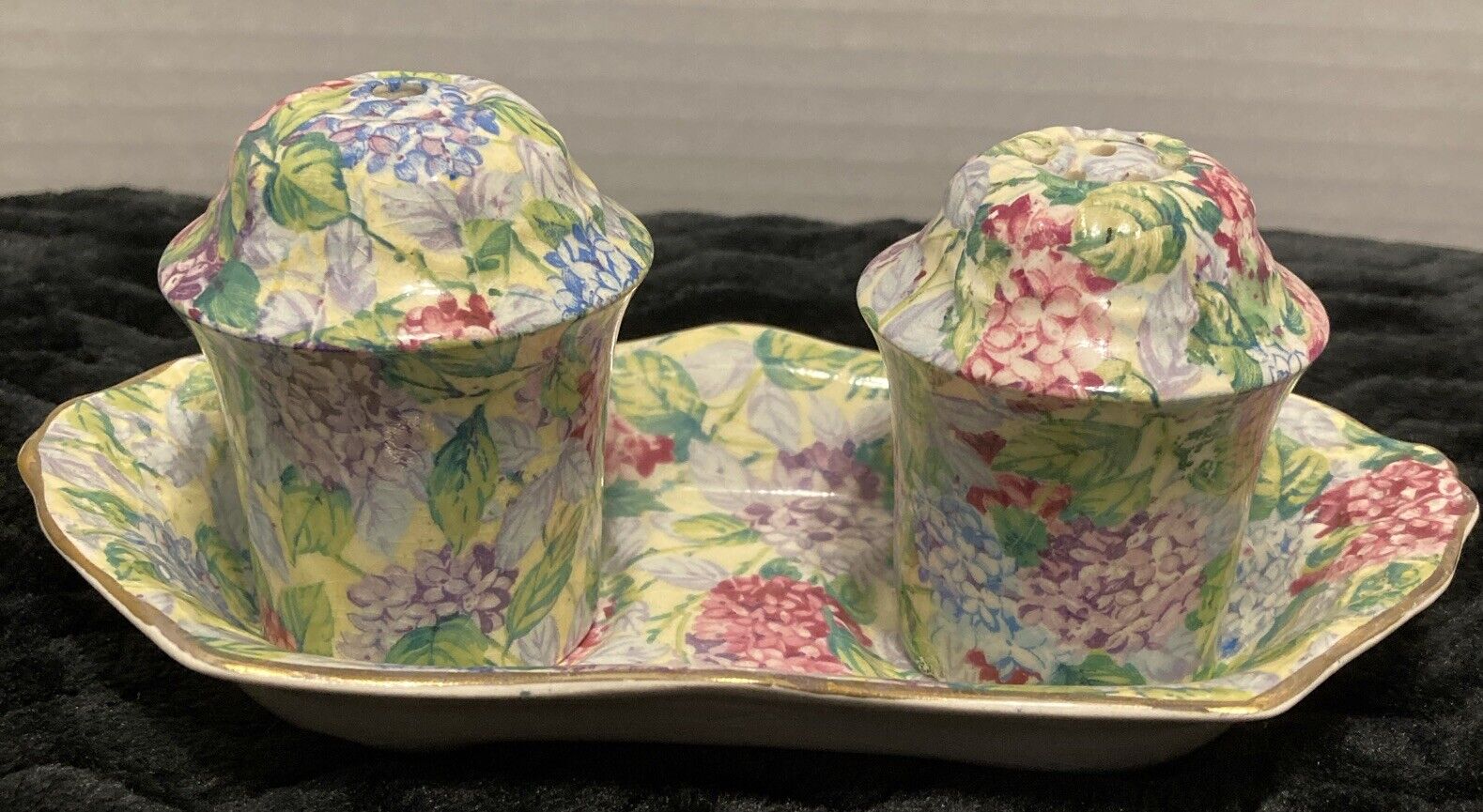 Vintage James Kent”Hydrangeas “ Porcelain Salt And Pepper Shakers With Tray