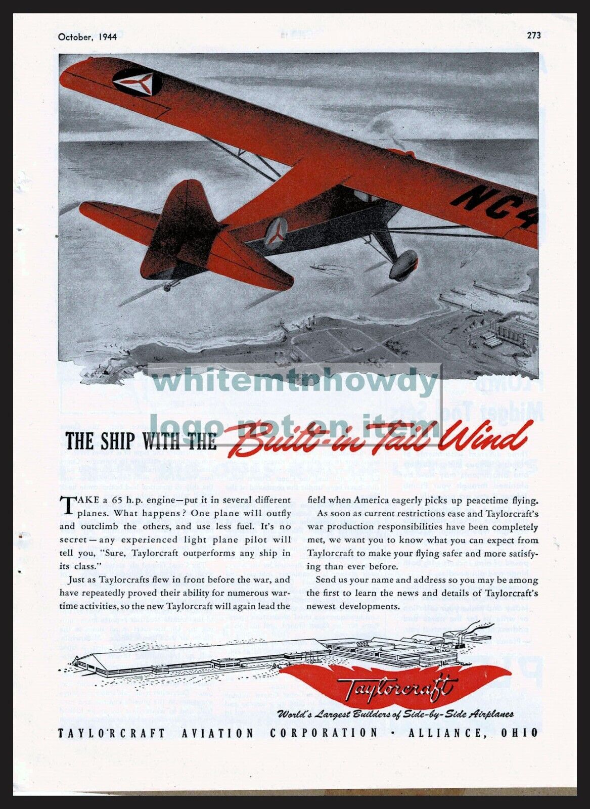 1944 TAYLORCRAFT  Aviation Vintage Plane AD The ship with Built-in Tail Wind