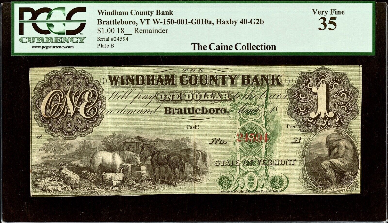 1800’s Brattleboro VT Windham County Bank $1 Note PCGS VF35 Haxby 40-G2b