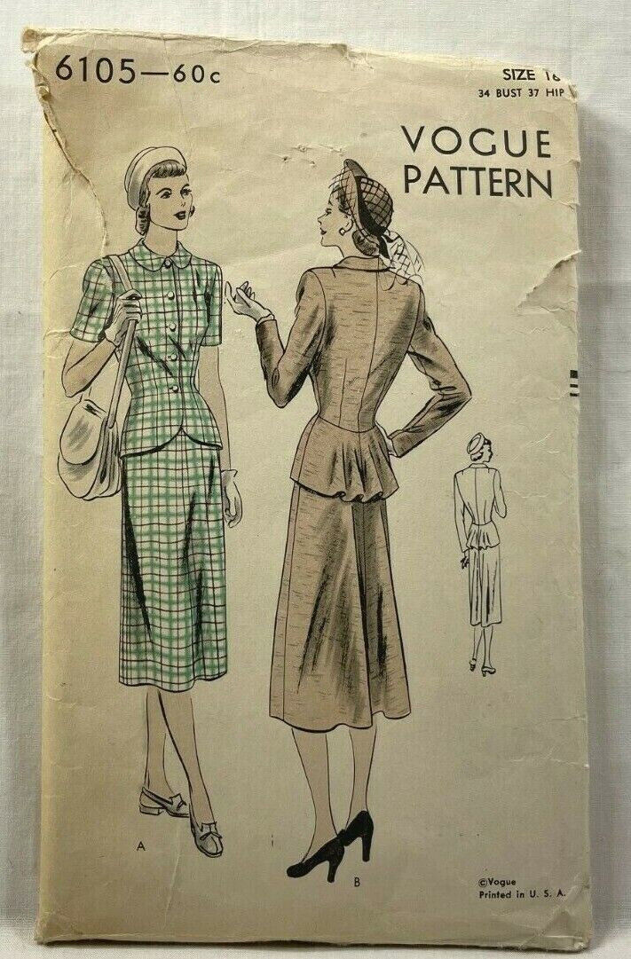 1940s Vogue Sewing Pattern 6105 Womens Suit Dress Size 16 34 Bust Vintage 9239