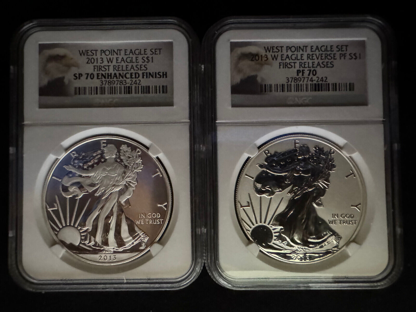 2013-W AMERICAN EAGLE WEST POINT TWO-COIN SILVER SET NGC PF70, NGC SP70