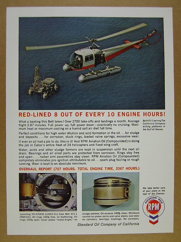 1964 Bell 47J-1 Helicopter & Oil Drilling Platform photo Chevron RPM vintage Ad