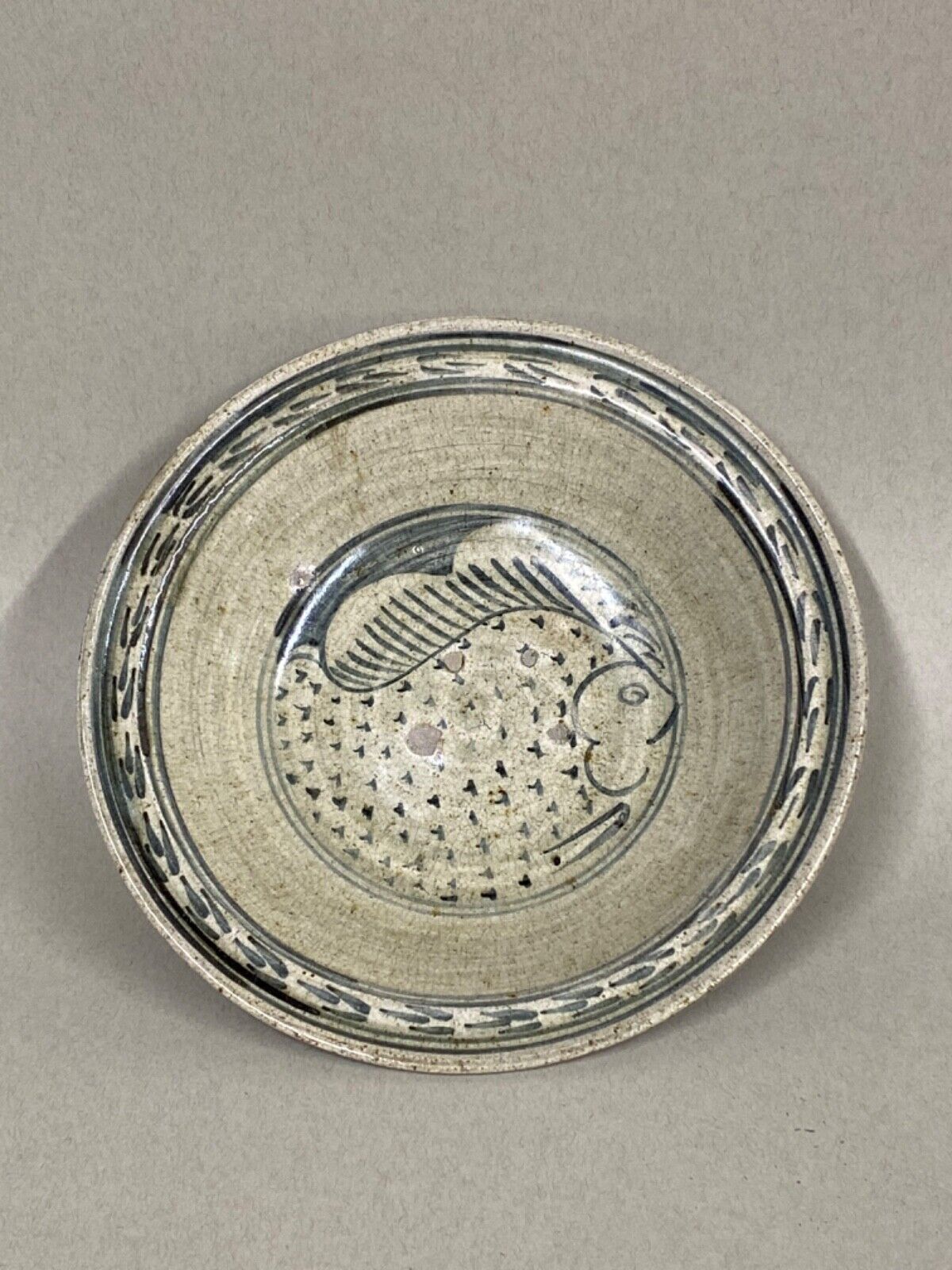 Antique Thai Ceramic Bowl with Fish image, ca 14/15th C; 9 5/8 x 2 1/2”