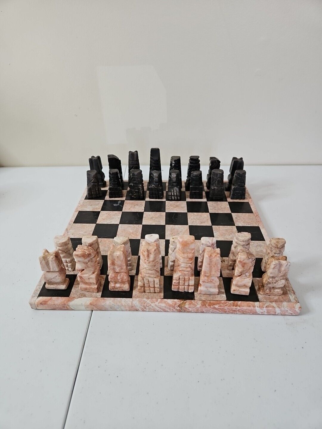 Vintage Aztec Chess And Checker Board Set Peach & Onyx Hand Marble Carved Stone