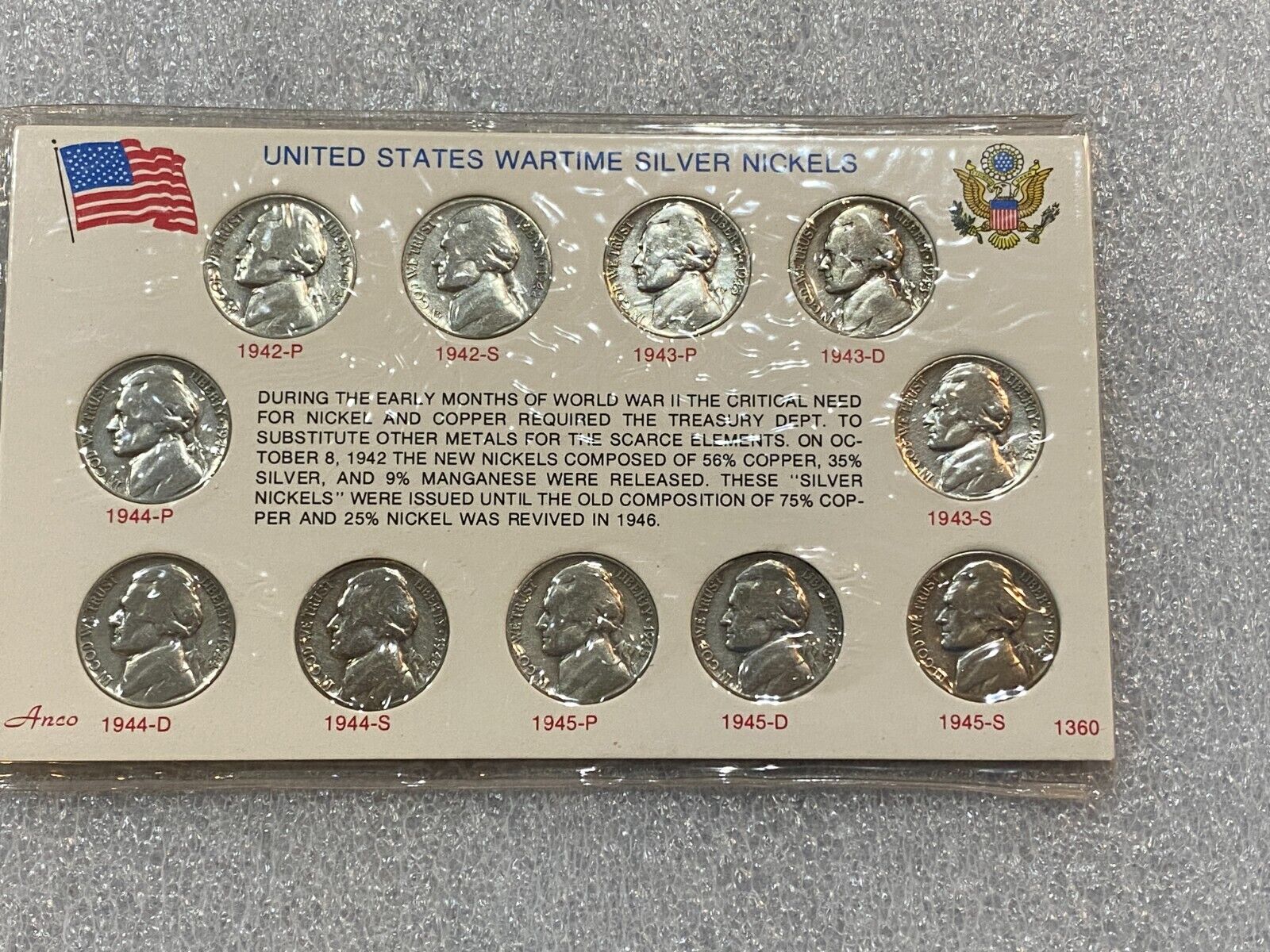 US WARTIME SILVER NICKELS SET COMPLETE ~~ 11 COINS in SEALED CARD