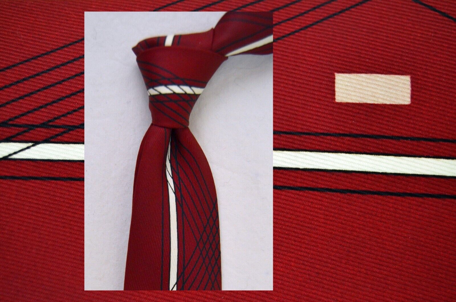 Vintage Red Tie with Linear Black & White Graphic - Unknown Designer