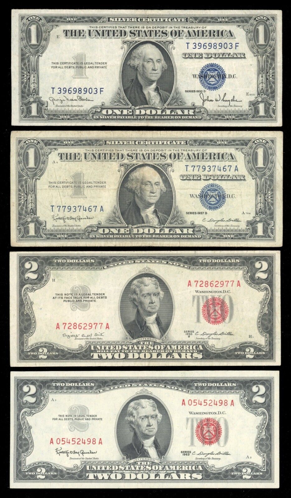 4 Old Paper Money Set Silver Certificates & US Notes 1935 1953 1957 1963 Nice F+