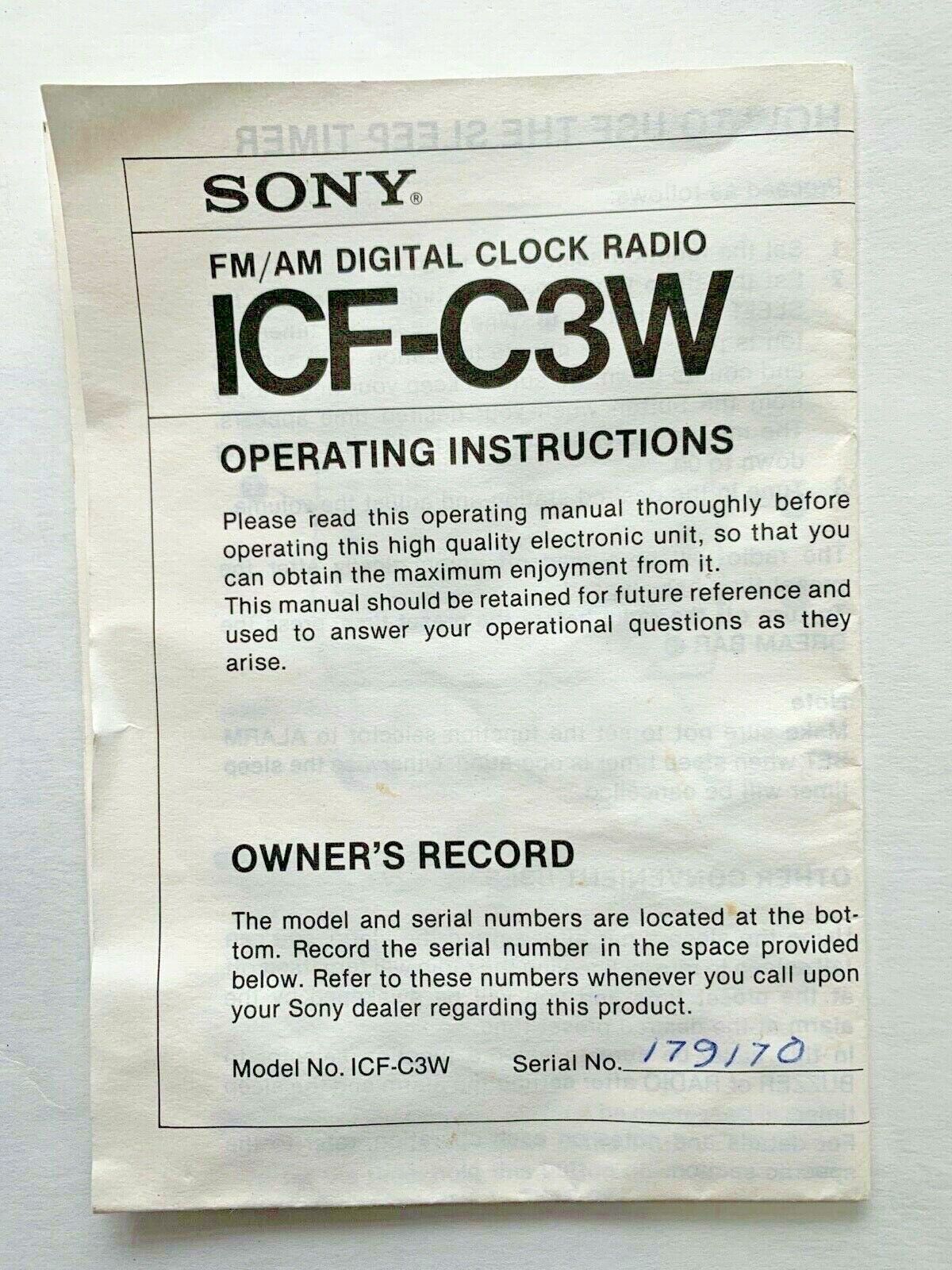 vtg 1985 Sony Dream Machine INSTRUCTION MANUAL book retro Clock Radio ICF-C3W