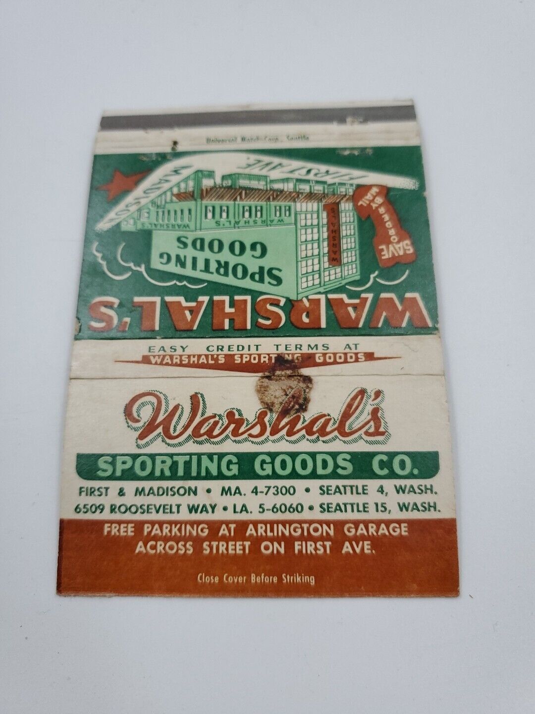 Warshal\'s Sporting Goods Co. Seattle Washington 40 Strike Matchbook Cover