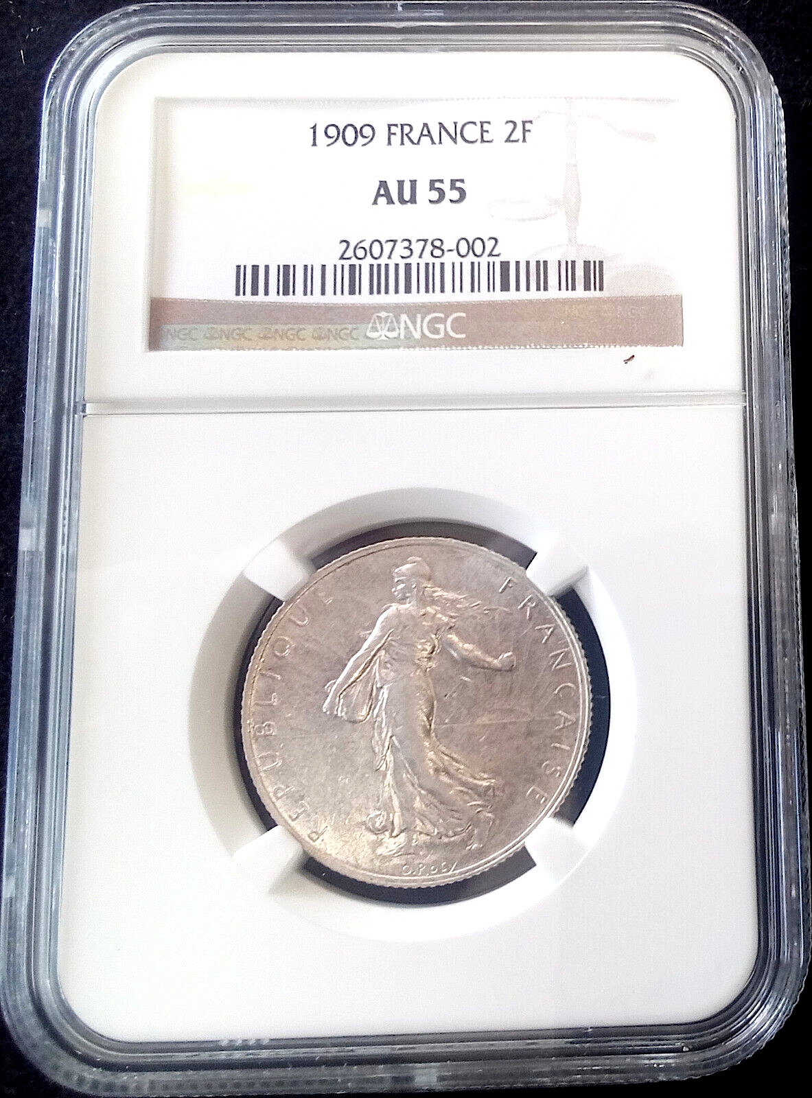 LOW MINT **NGC AU55 ONLY 2 HIGHER** 1909 France 2 Francs km#845.1 Silver Coin
