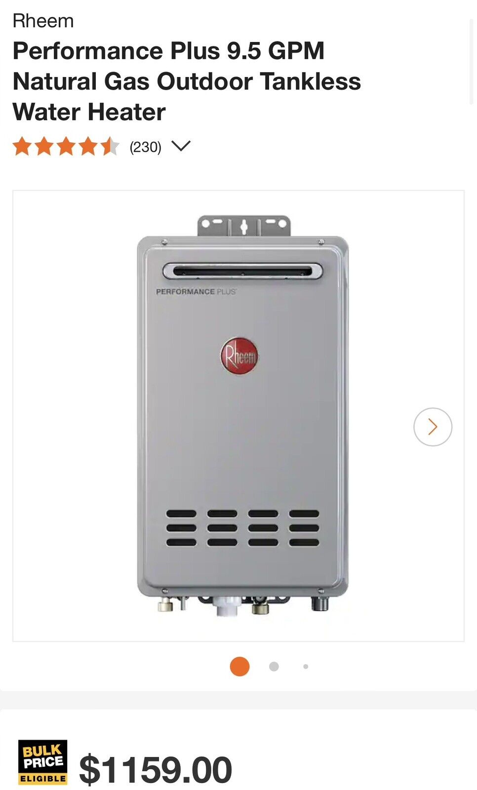 Rheem Performance Plus 9.5 GPM Natural Gas Outdoor Tankless Water Heater 