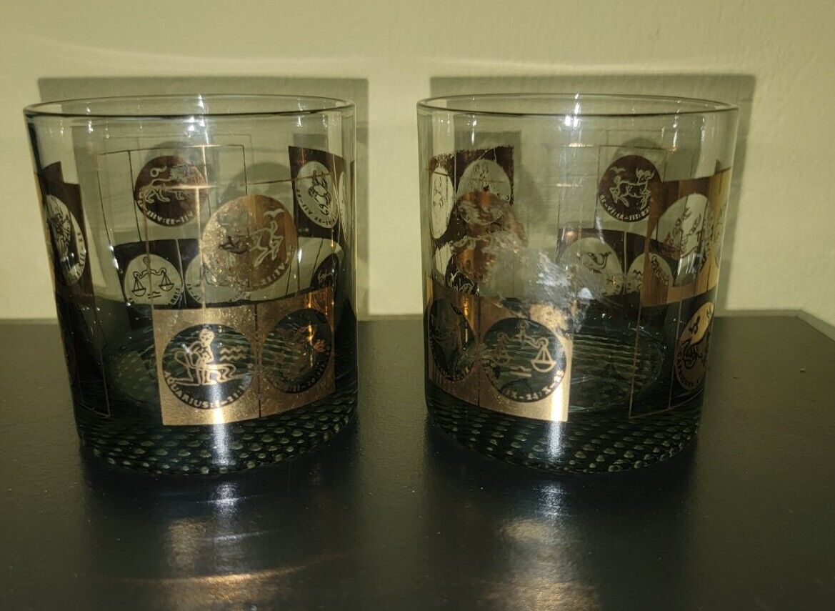Vtg. Set of 2 Mid Century Smoky Zodiac Single Rocks Glasses Gold Textured Bottom