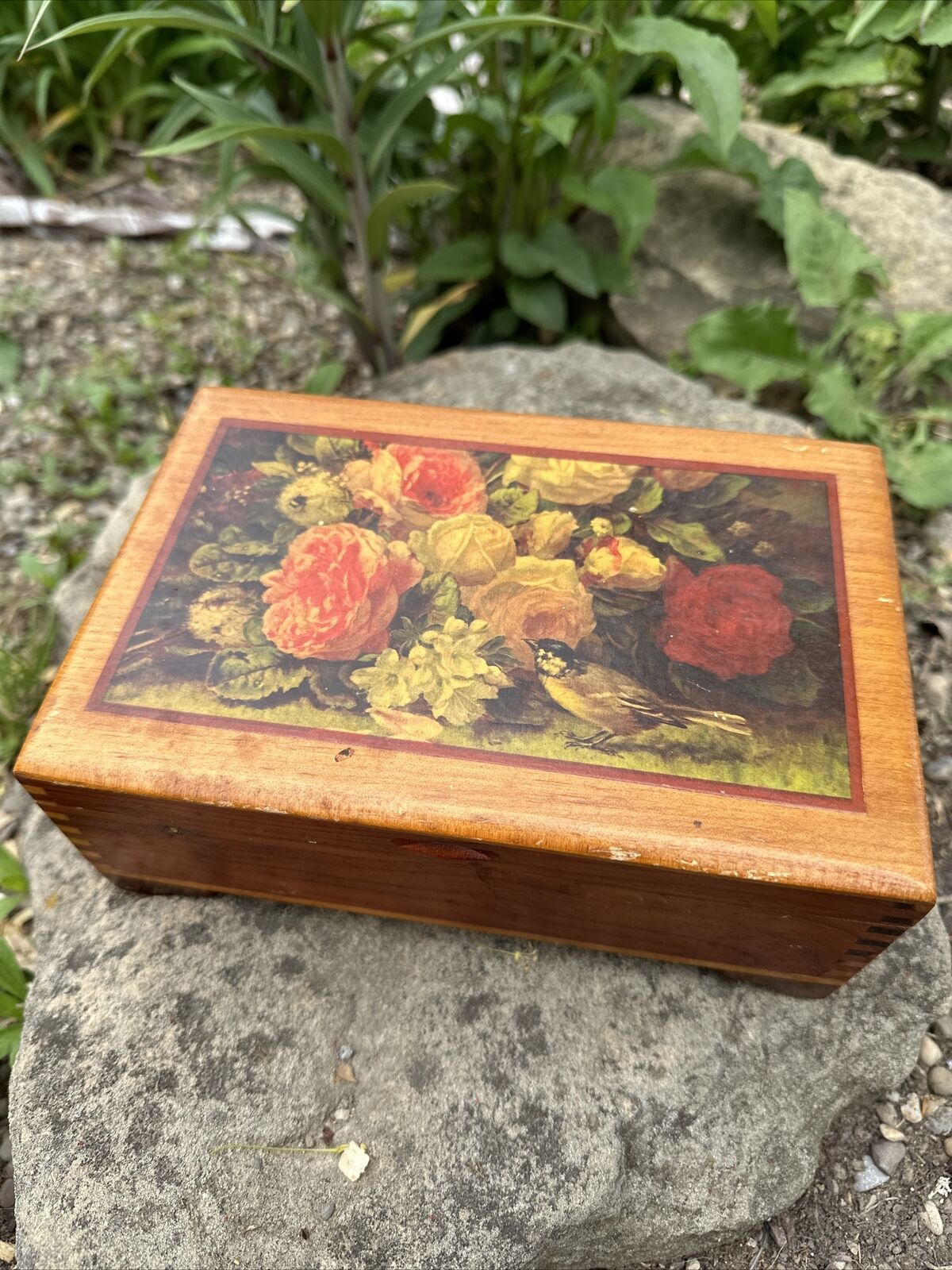 Vintage Wooden Trinket Box With Bird And Flowers