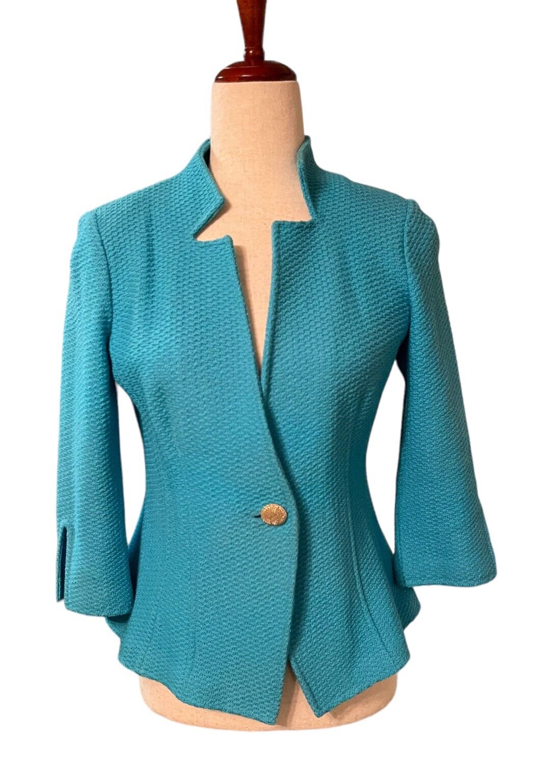 ST. JOHN Turquoise One Button Wool Blend Blazer Jacket Women’s Size 4 USA Made