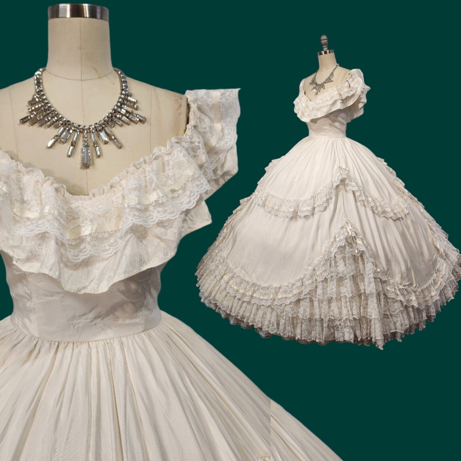 Vtg 80s SASS Dress XS Victorian Wedding Civil War Ball Gown Off Shoulder Ivory