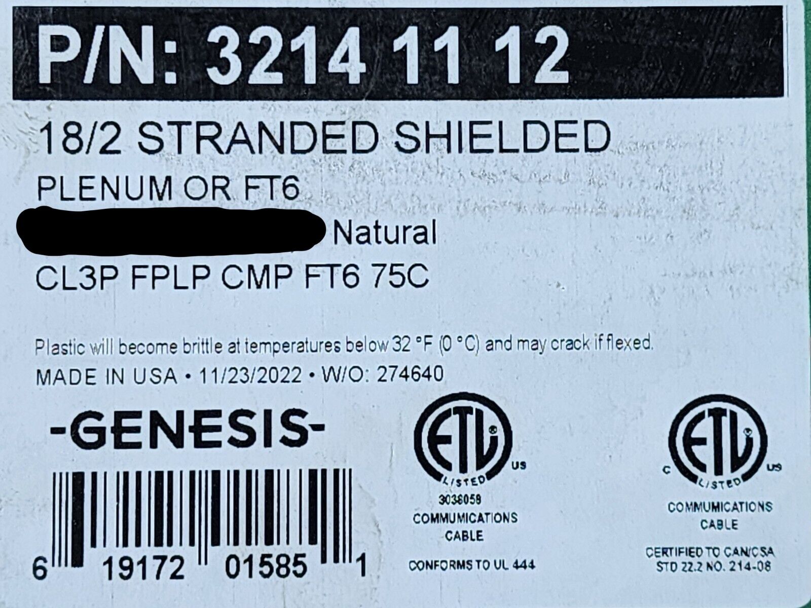 Honeywell Genesis 3214 18/2C Plenum Shielded Security/Control Cable White /100ft