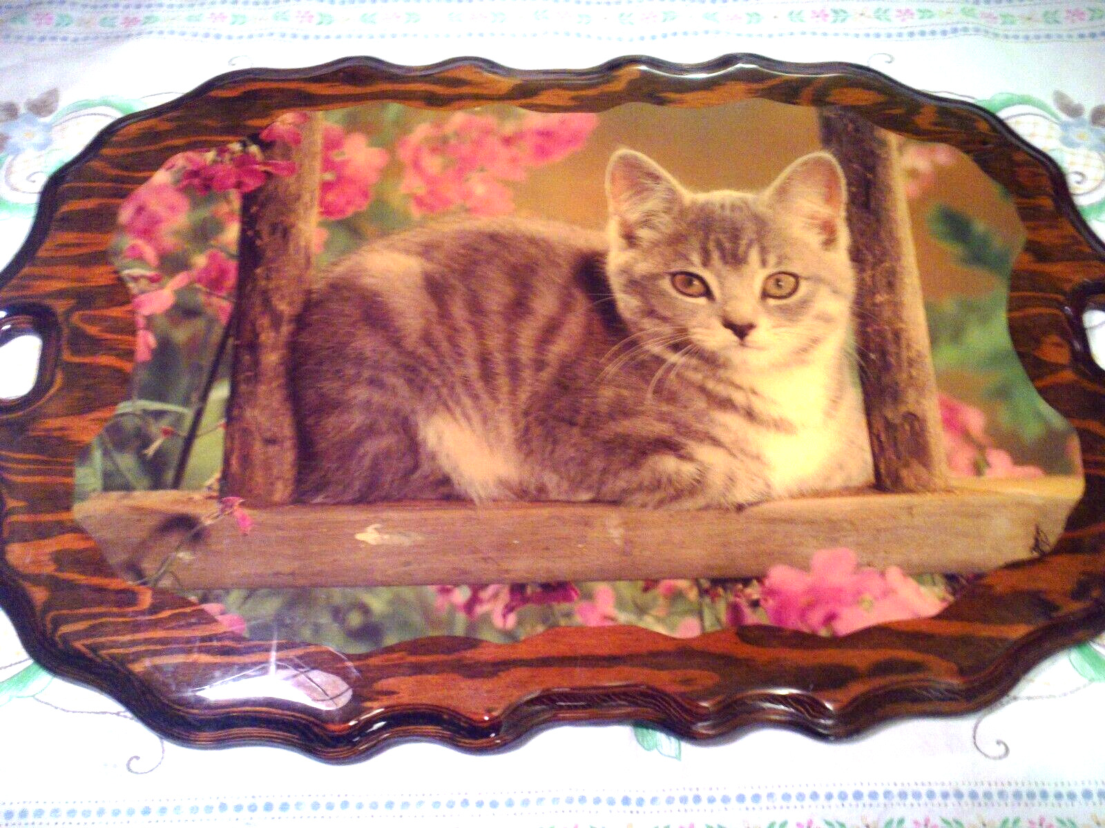 Vintage 1960-70s Art Decor Cat in the Flower Bed (Cats) Wood Plaque 23 1/4 X 15\