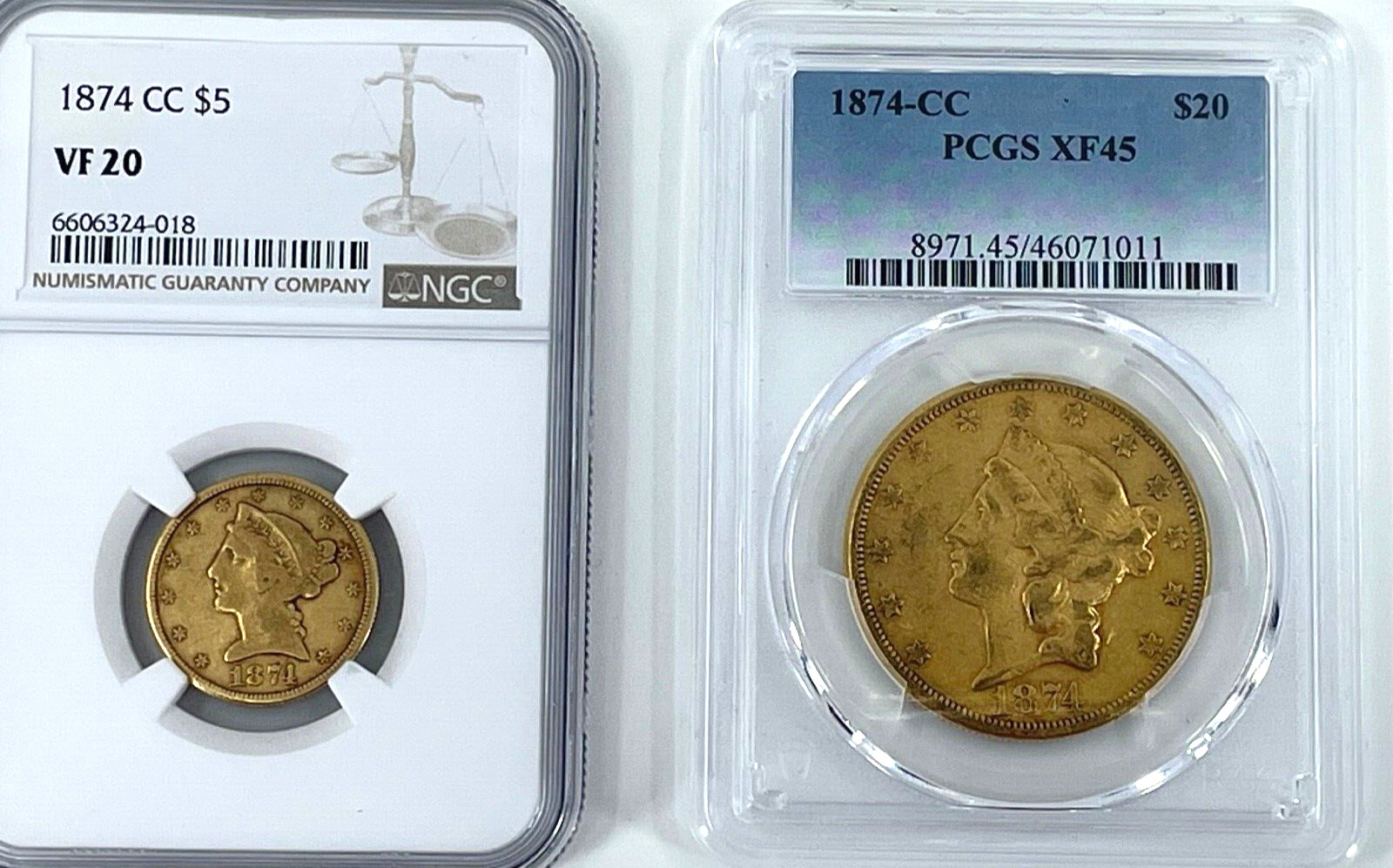 1874-CC NGC VF 20 $5 Gold, 1874-CC  PCGS XF 45 $20 Gold