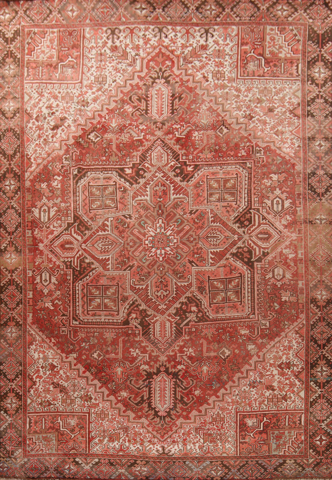 Vintage Geometric Red Wool Heriz Dining Room Rug 10x13 Hand-knotted Carpet
