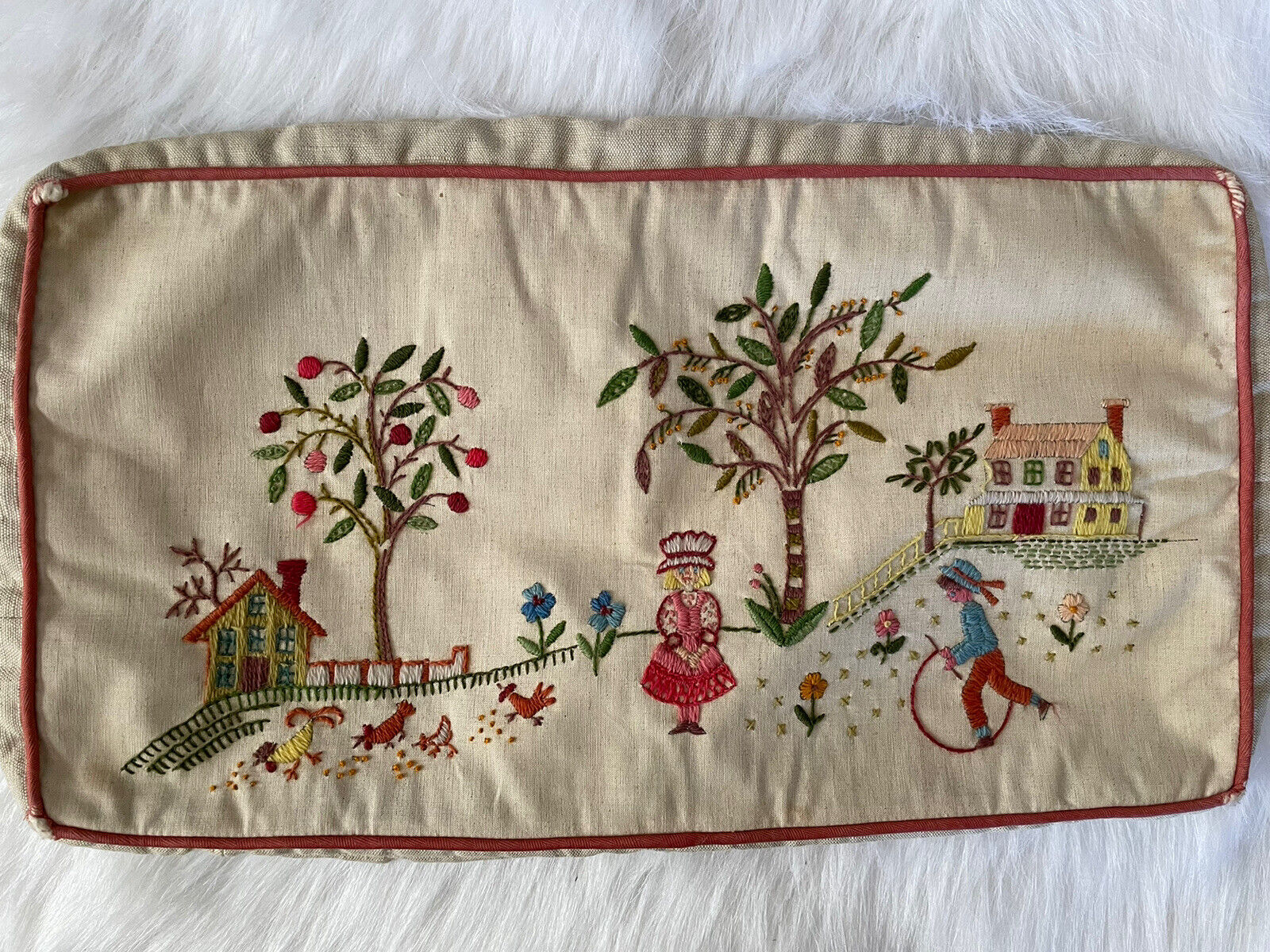 Vintage Hand Embroidered Pillow Cover Rectangle Throw Pillow Zip Country Scene