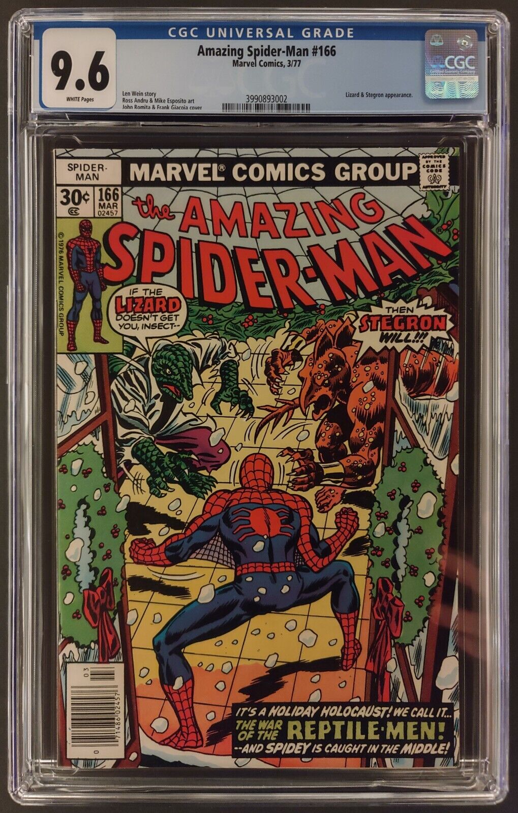 AMAZING SPIDER-MAN #166 CGC 9.6 WHITE PAGES MARVEL COMICS MARCH 1977 LIZARD APP