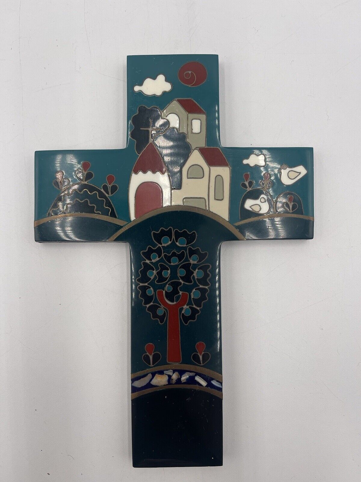 Vintage Wood Cross Uruguay Enamel La Colmena Church Scene 7.5” x 5.5”