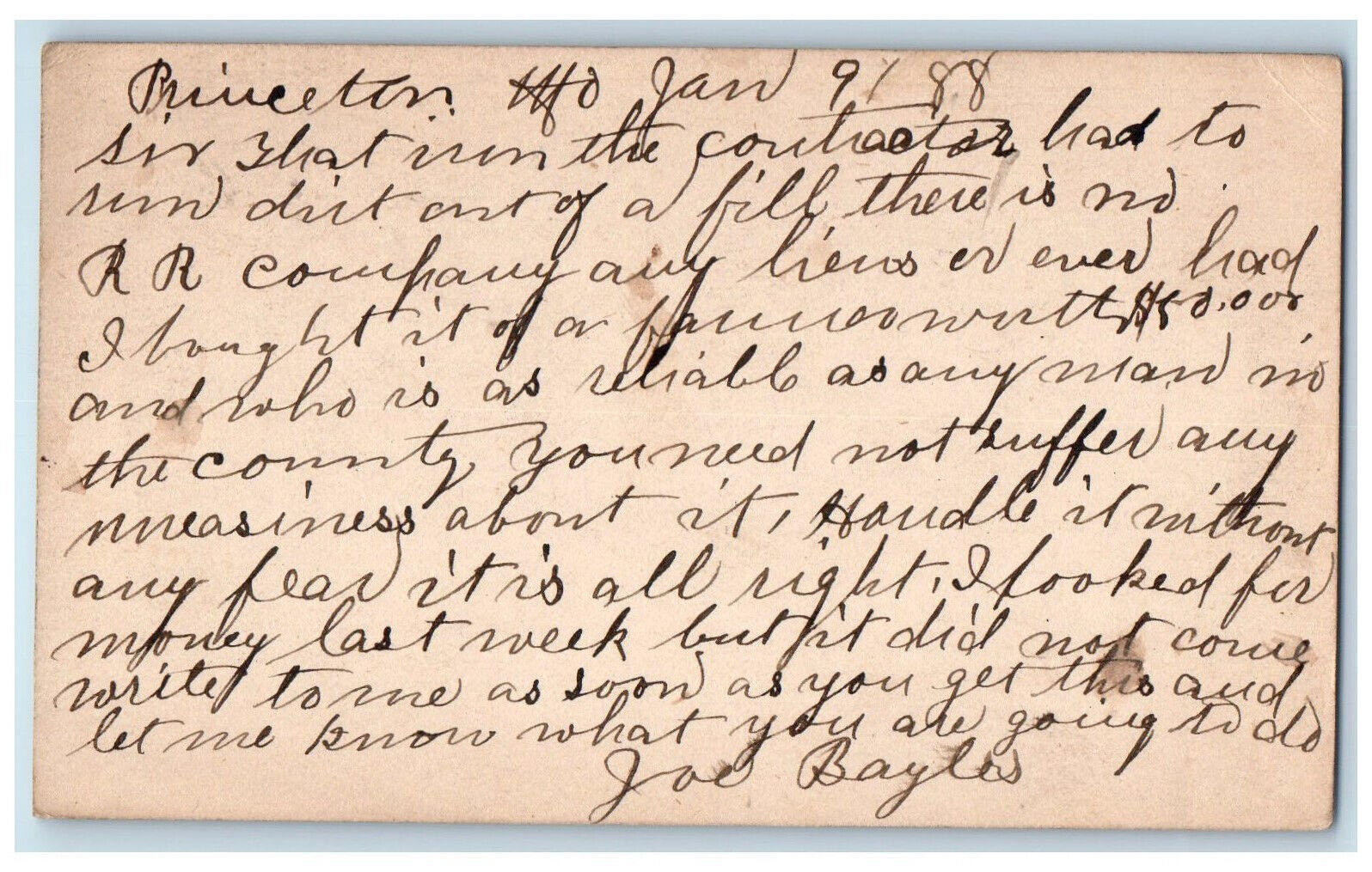 1888 RR Company Joe Bayles Princeton Missouri MO Posted Postal Card