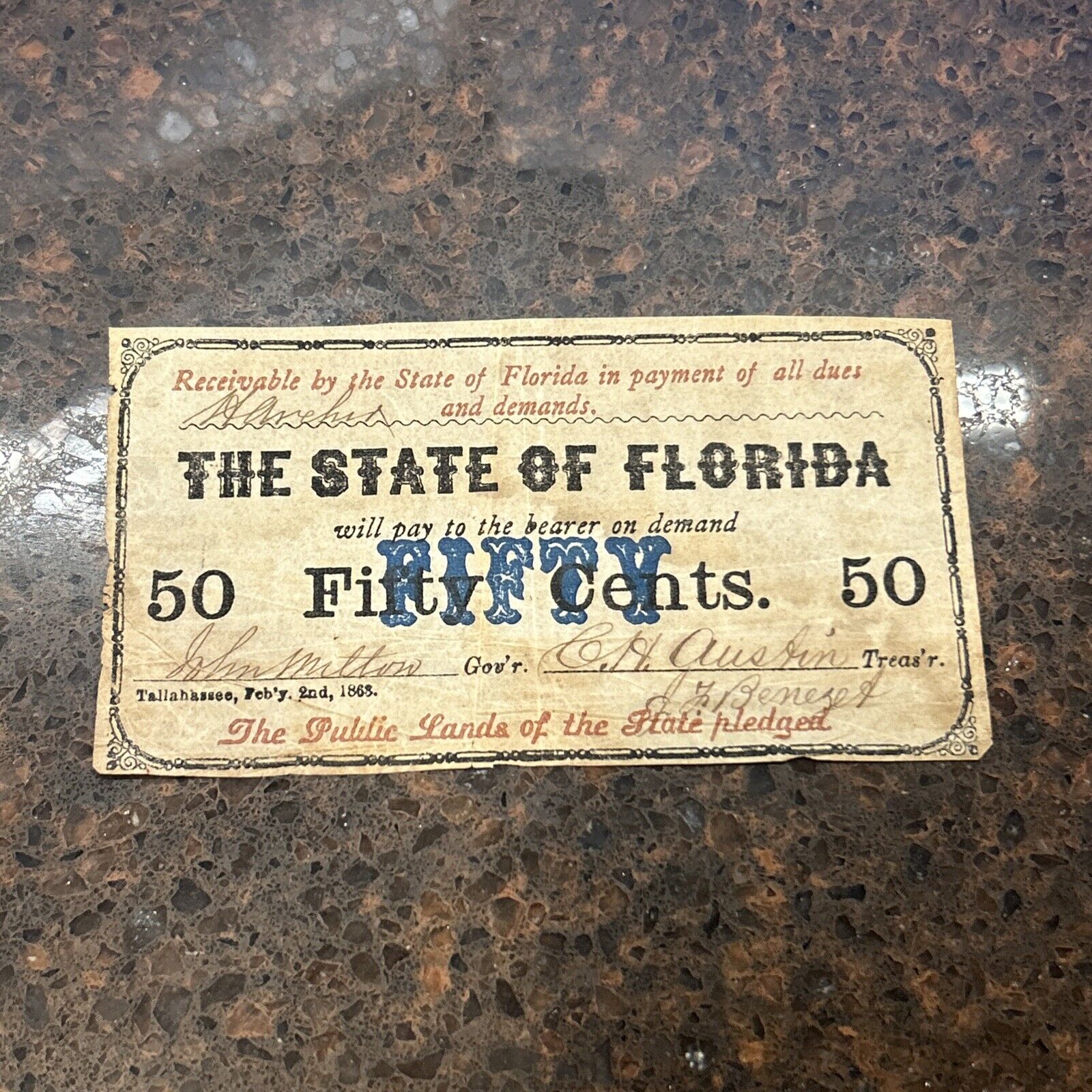 SASA 1863 State Of Florida 50 Cents Remainder Obsolete Pay To Bearer On Demand