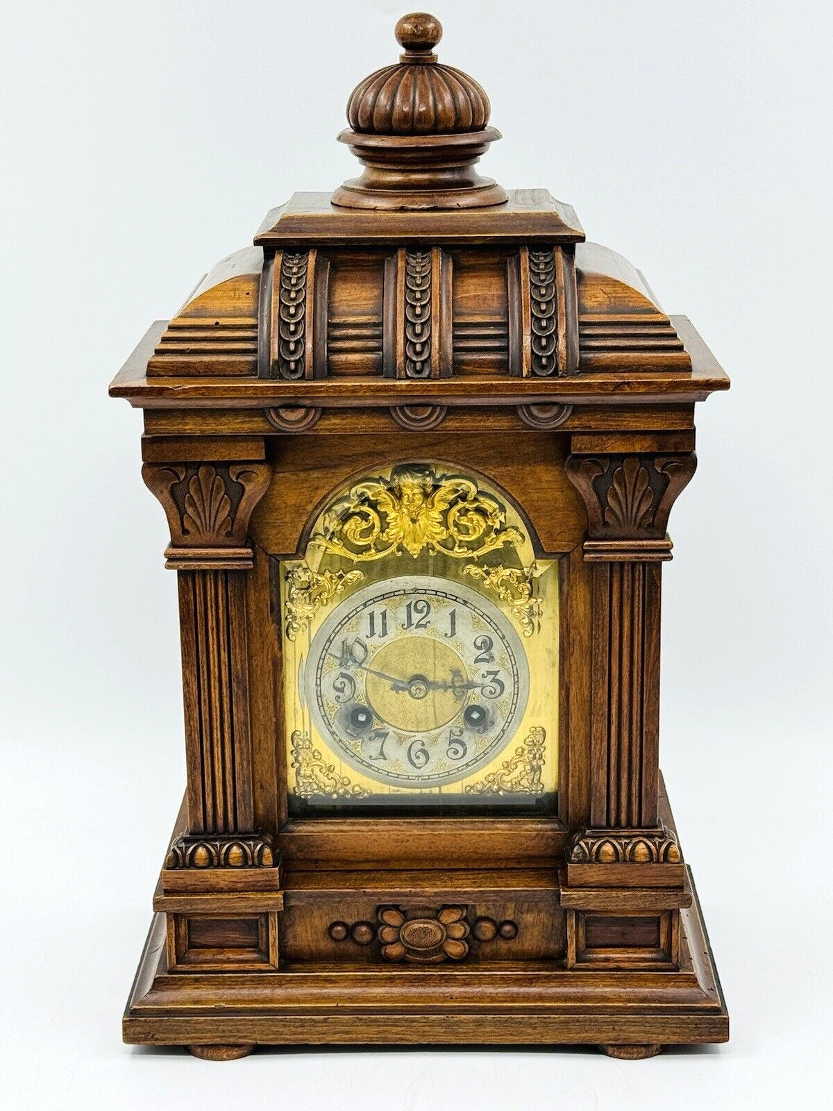 Junghans Antique German Chiming Carved Oak Wooden Brass Mantle Clock Edwardian
