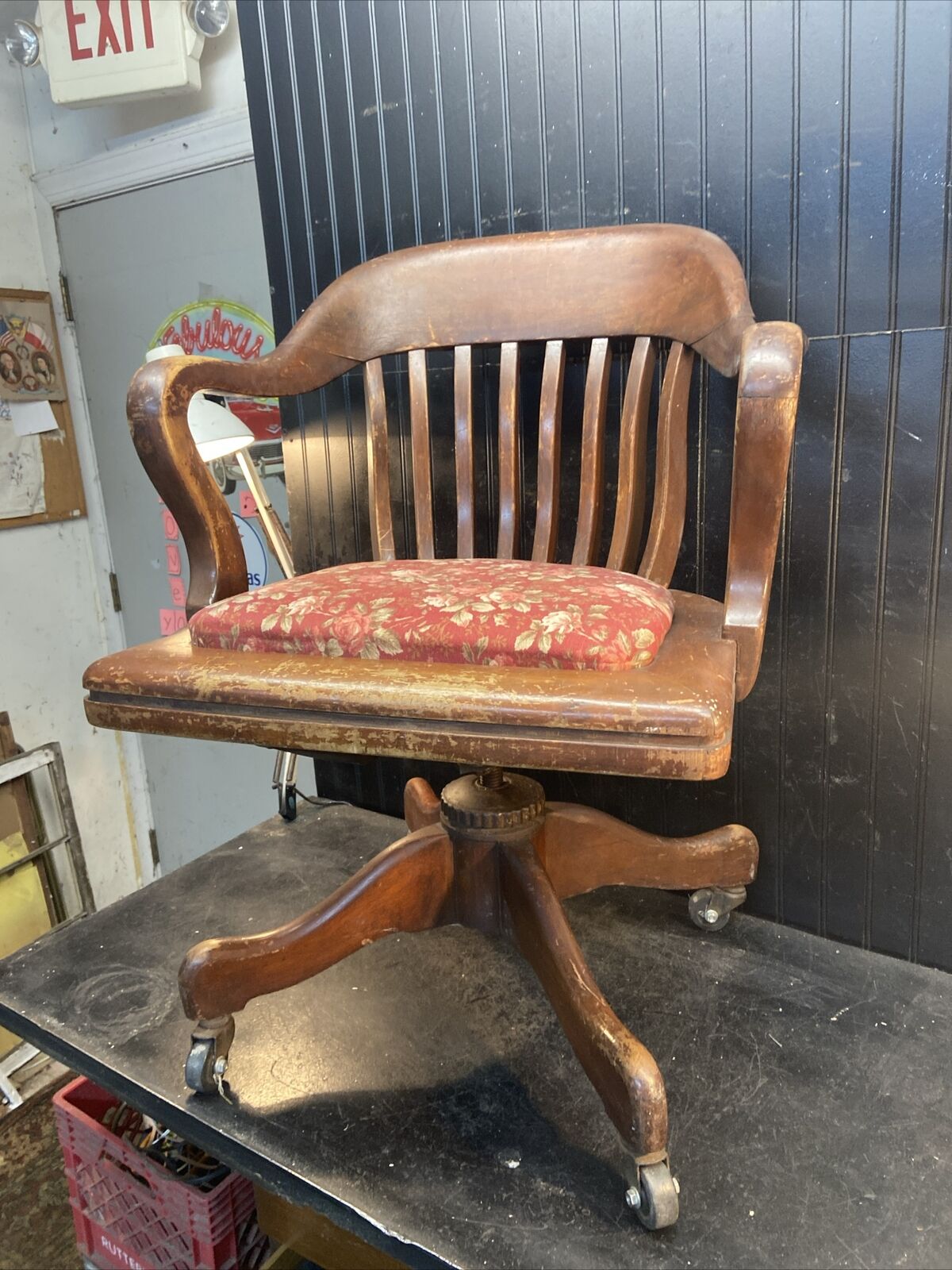 Antique Oak Wood Swivel Office Bankers Chair Padded 1940s  Western Decor Chair