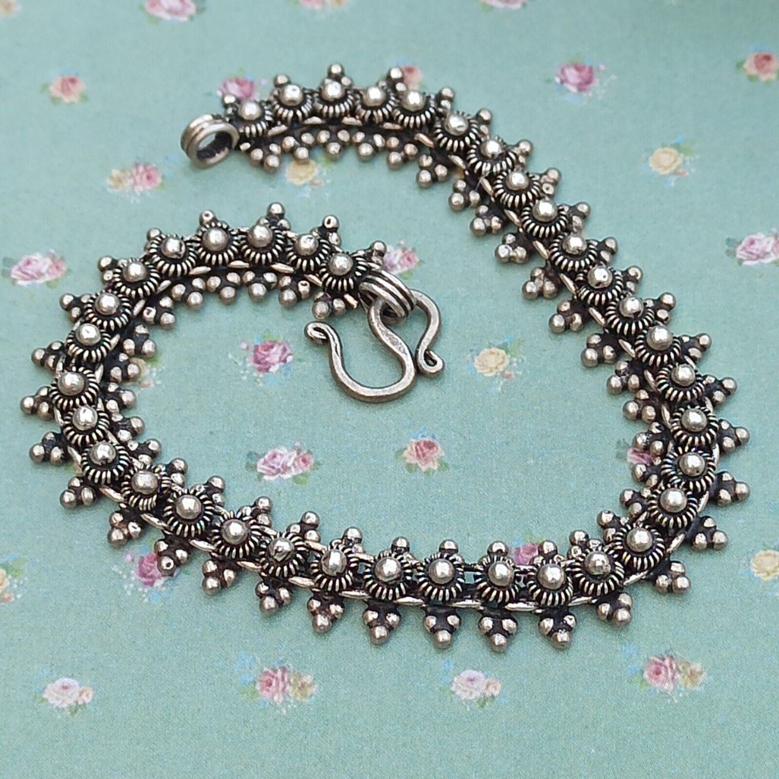 Vintage Bracelet Sterling Ethnic Oriental Filigree Chain Darkened Silver Gift