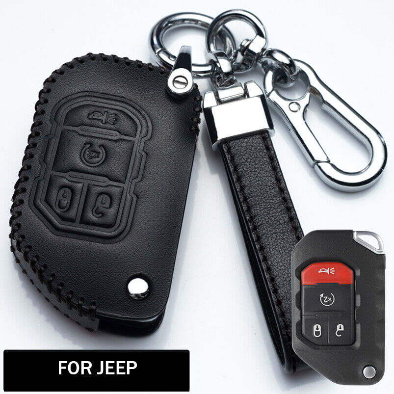 Handmade Leather Car Key Fob Case Cover Holder For Jeep Wrangler JL Gladiator