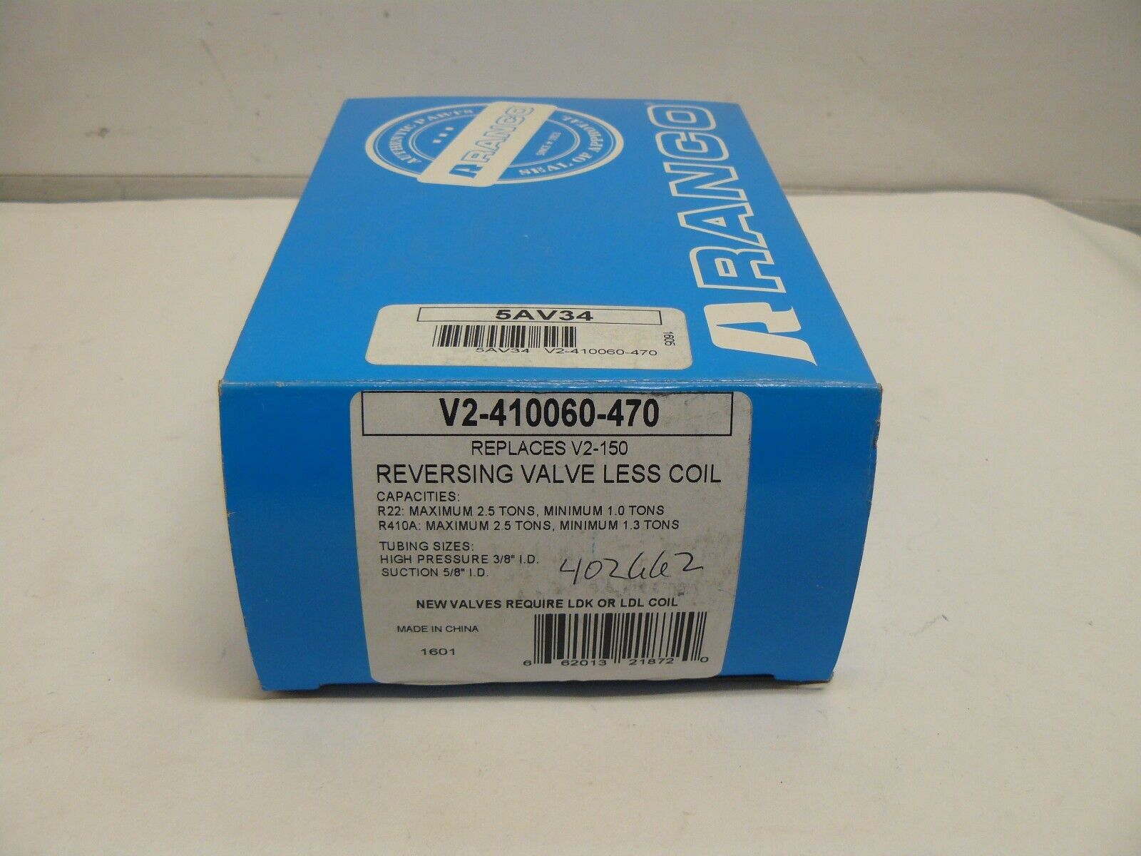 Ranco V2-410060-470 reversing valve less coil high pressure 3/8 ID tubing 5/8 ID