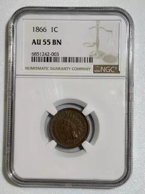 1866 P Small Cents Indian Head Penny NGC AU-55 BN