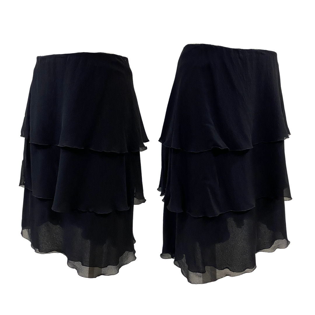 Vtg Vintage Chanel 2000s Y2K Era Authentic Black Silk Flutter Flirty Mini Skirt