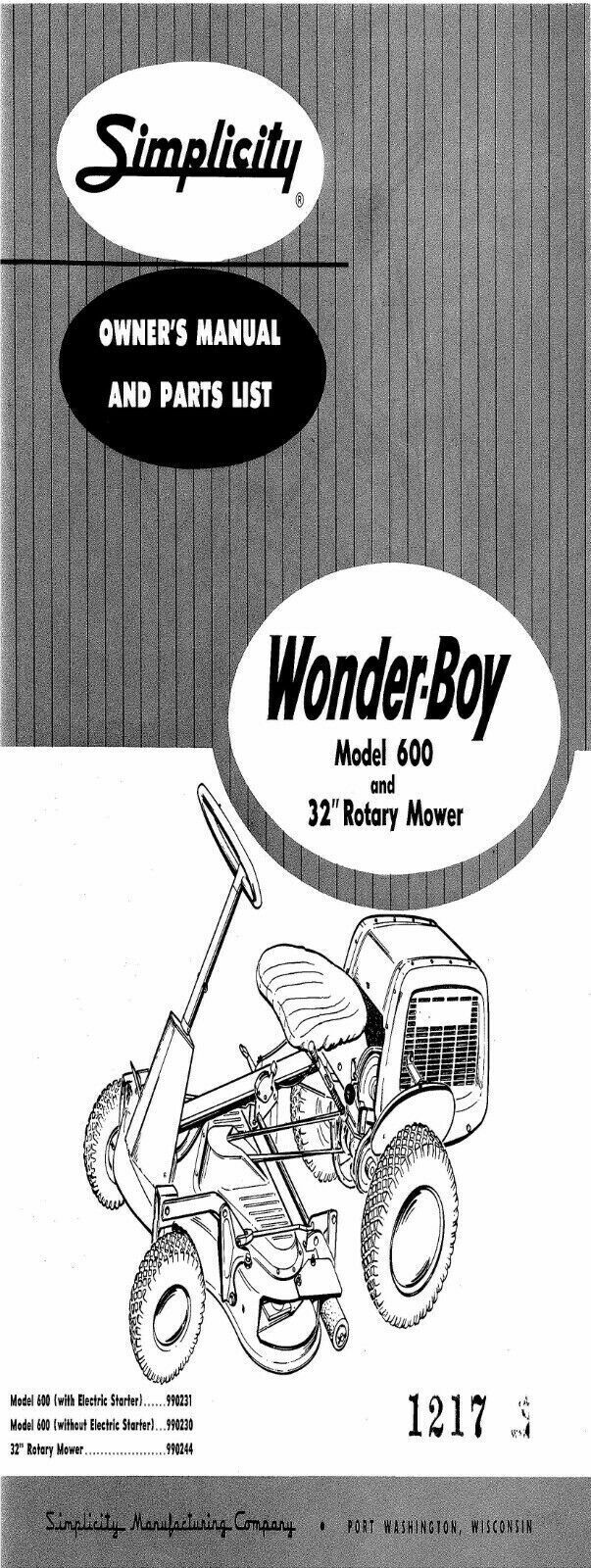 Rotary Mower Operator & Parts List Manual Simplicity Wonder-Boy 600 6HP & 32” 12