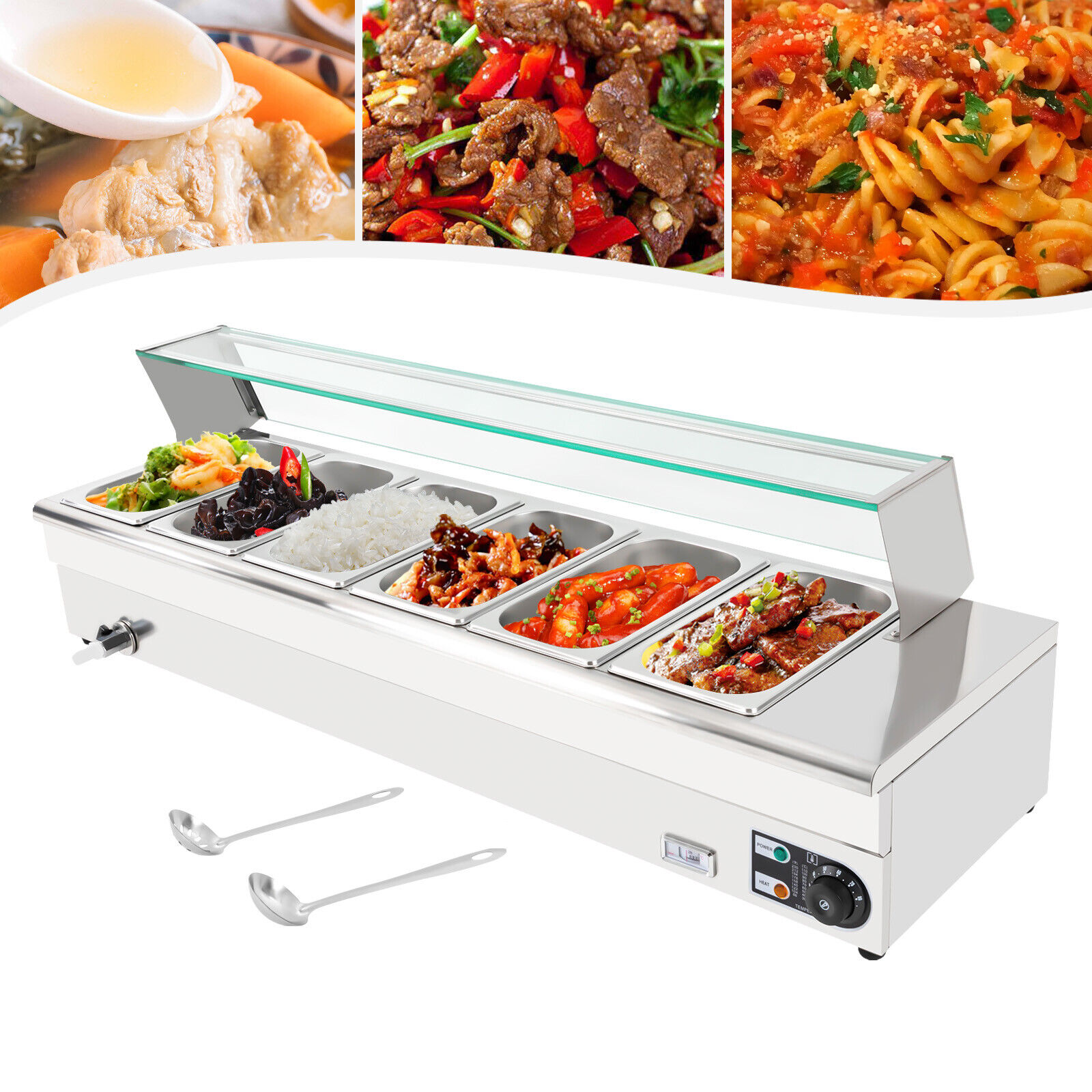 Electric Bain Marie Buffet Server 6 Pans 1200W Commercial Countertop Food Warmer