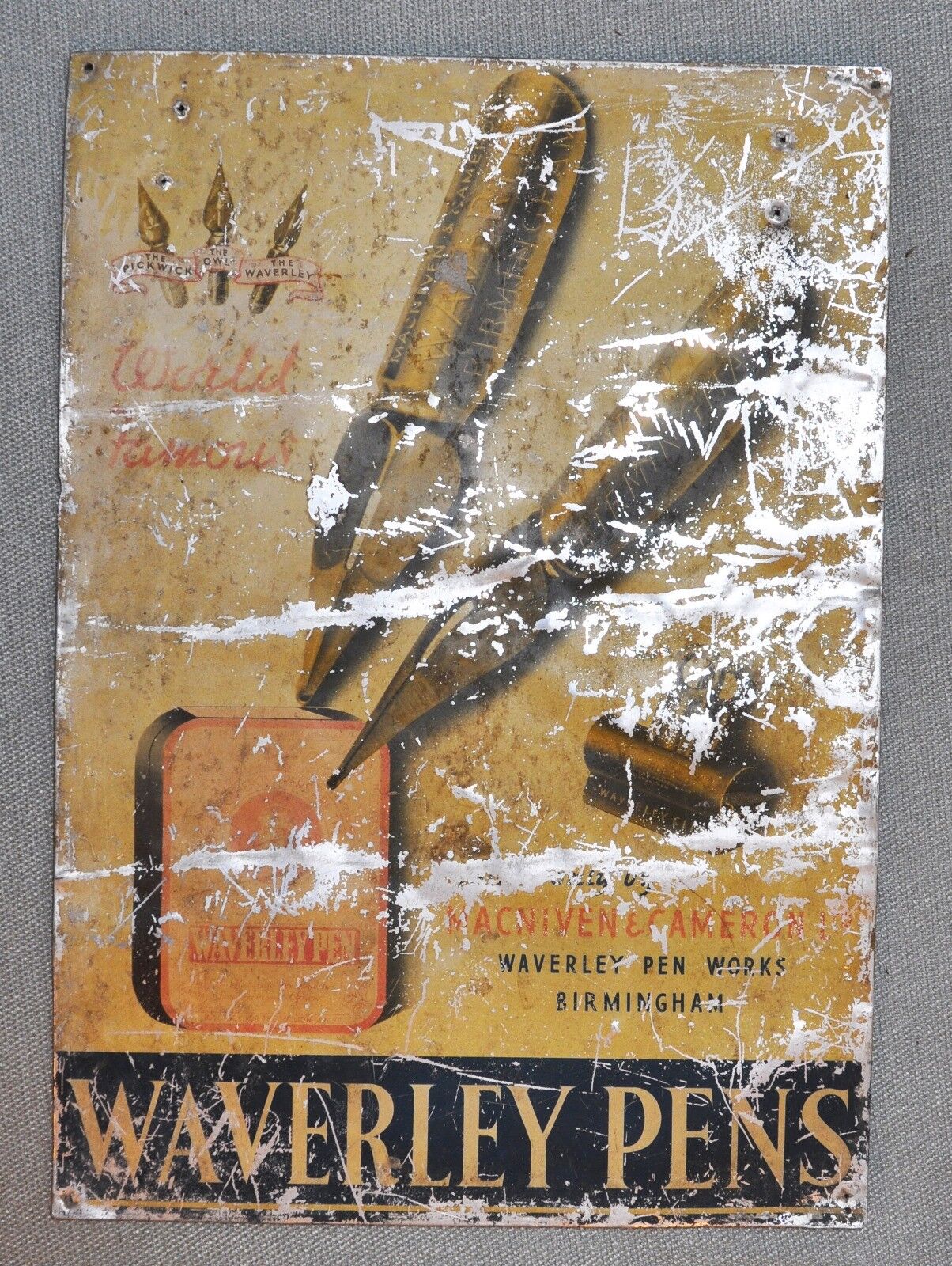 Original Old Vintage Printed Tin Ad Sign Waverley Pens
