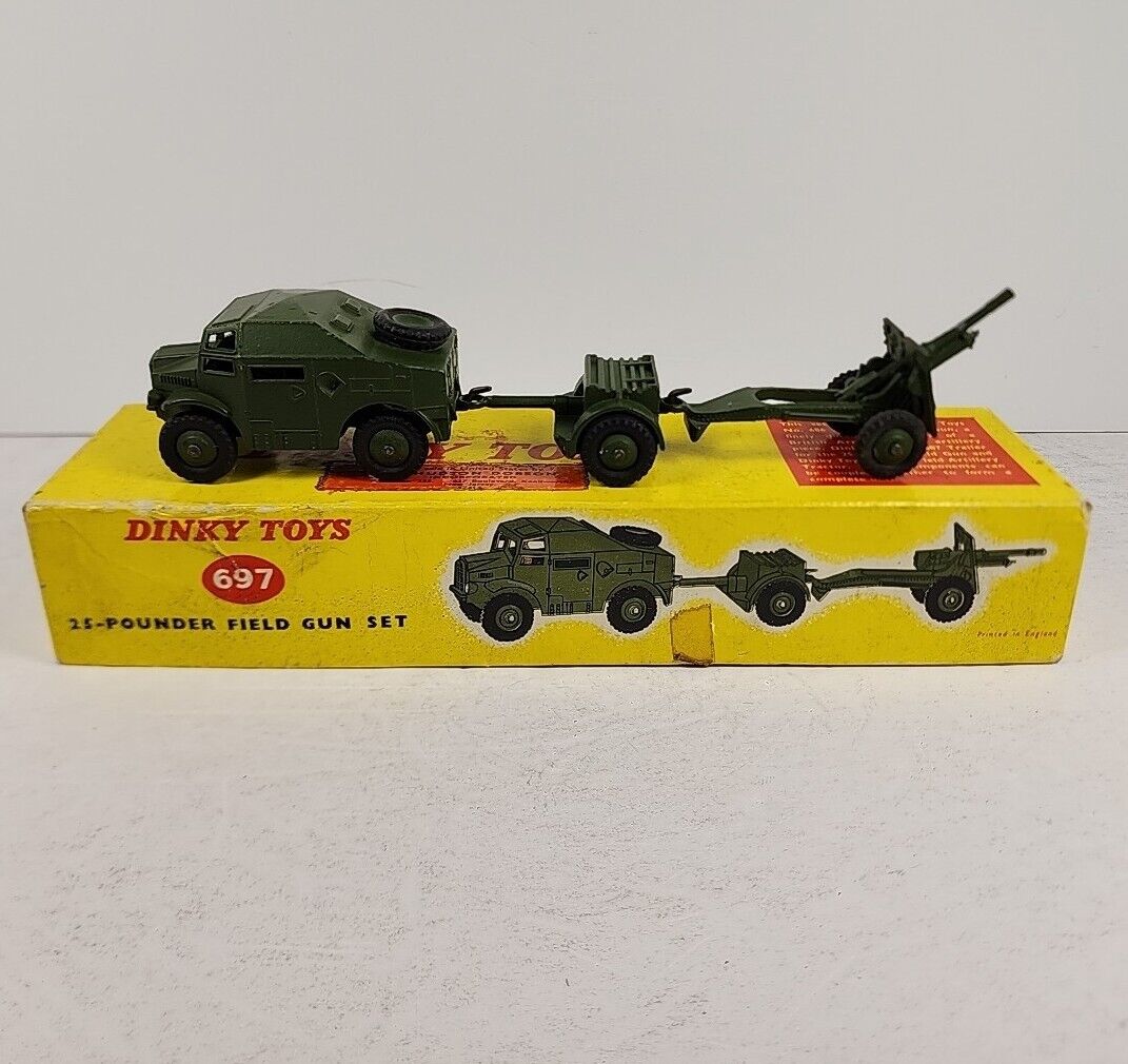 Dinky Toys #697 25-Pounder Field Gun 3-Piece Set w/Original Box Made in England